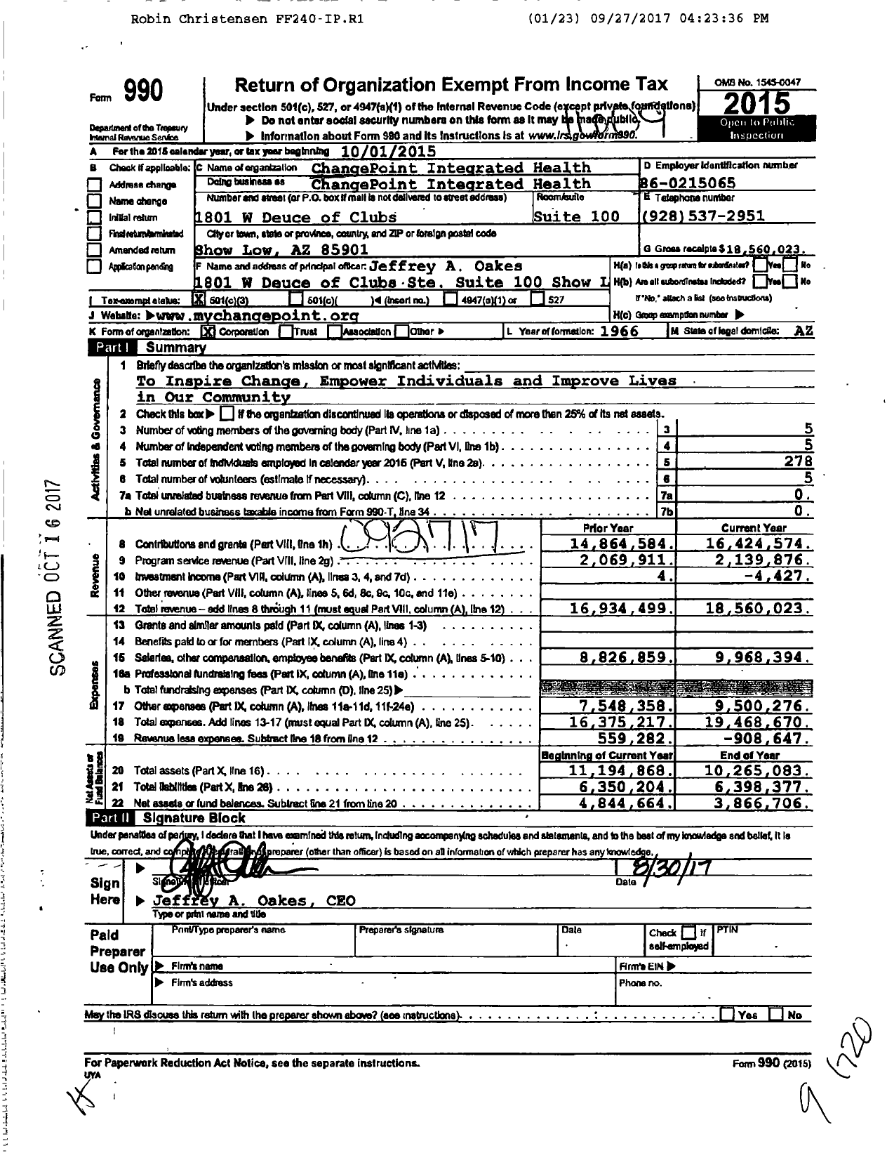Image of first page of 2015 Form 990 for ChangePoint Integrated Health