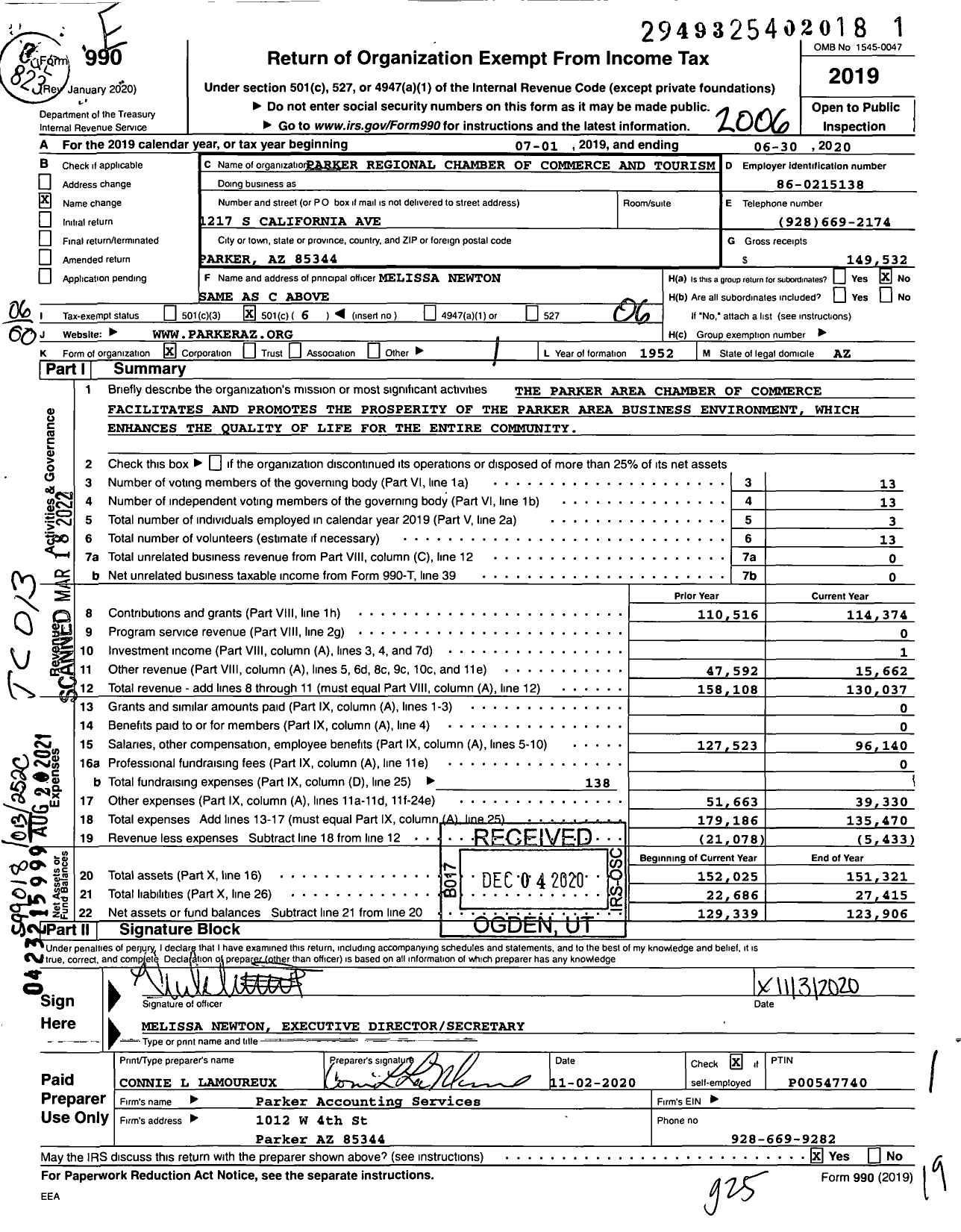 Image of first page of 2019 Form 990O for Parker Regional Chamber of Commerce and Tourism