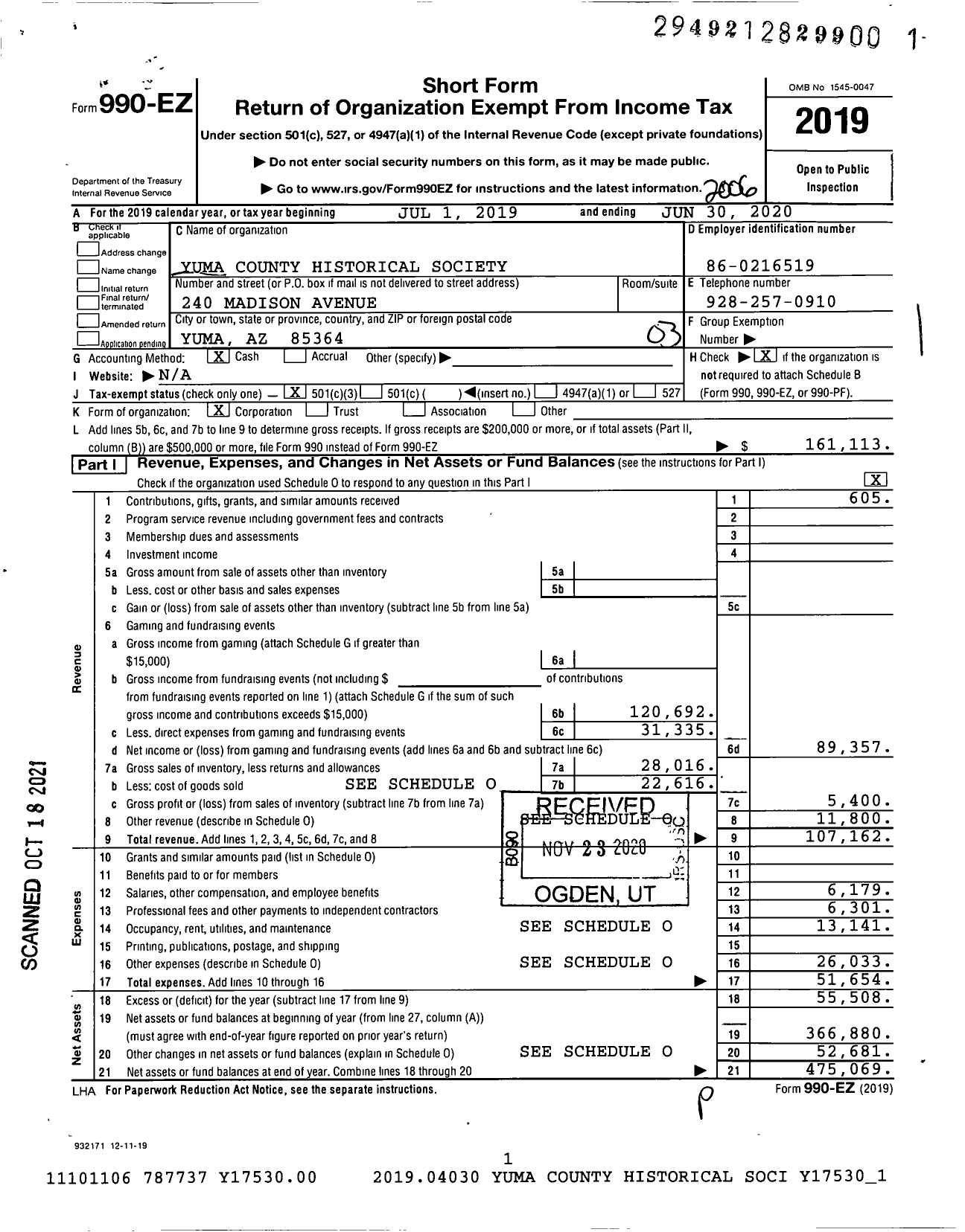 Image of first page of 2019 Form 990EZ for Yuma County Historical Society