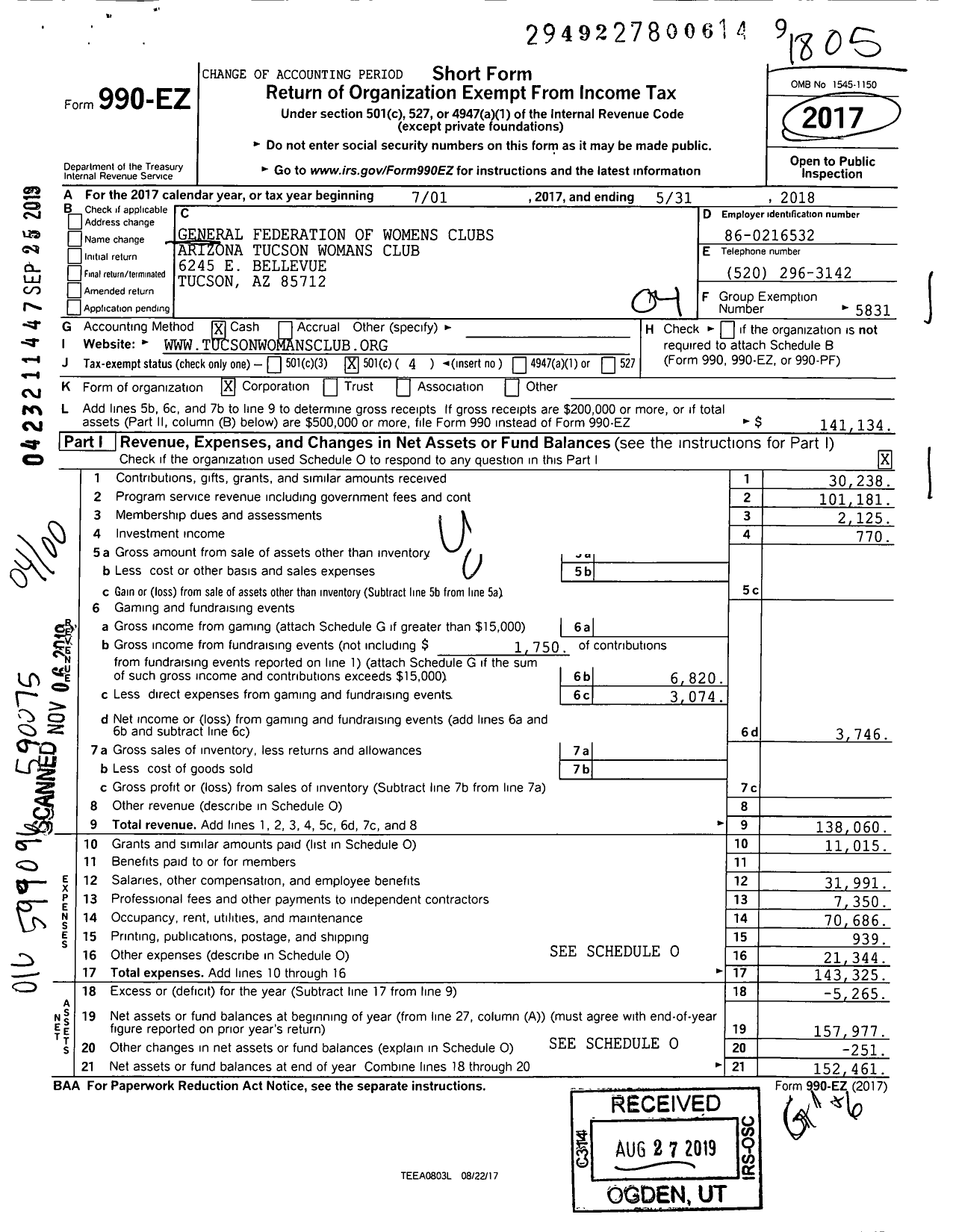 Image of first page of 2017 Form 990O for General Federation of Womens Clubs