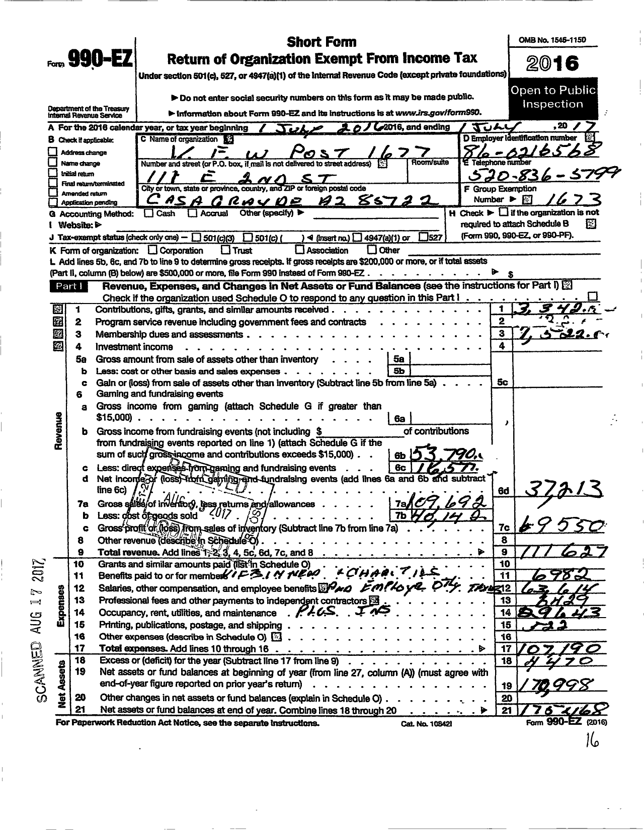 Image of first page of 2016 Form 990EO for Veterans of Foreign Wars of Arizona - 1677 Casa Grande Post