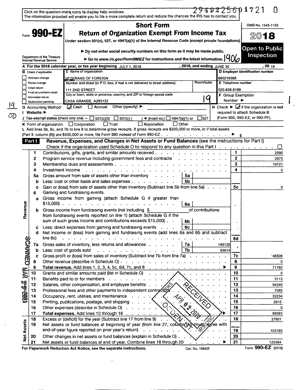 Image of first page of 2018 Form 990EO for Veterans of Foreign Wars of Arizona - 1677 Casa Grande Post