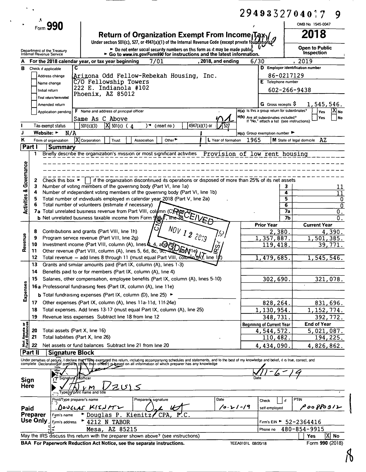 Image of first page of 2018 Form 990O for Independent Order of Odd Fellows - 1 Arizona of Reb Housing