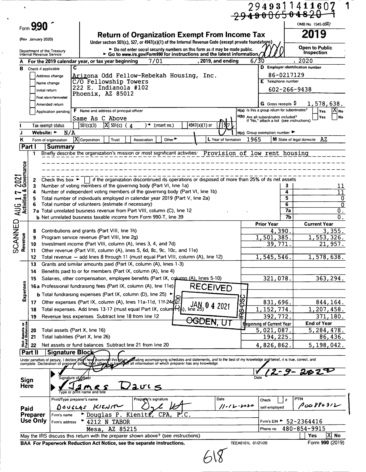 Image of first page of 2019 Form 990O for Independent Order of Odd Fellows - 1 Arizona of Reb Housing