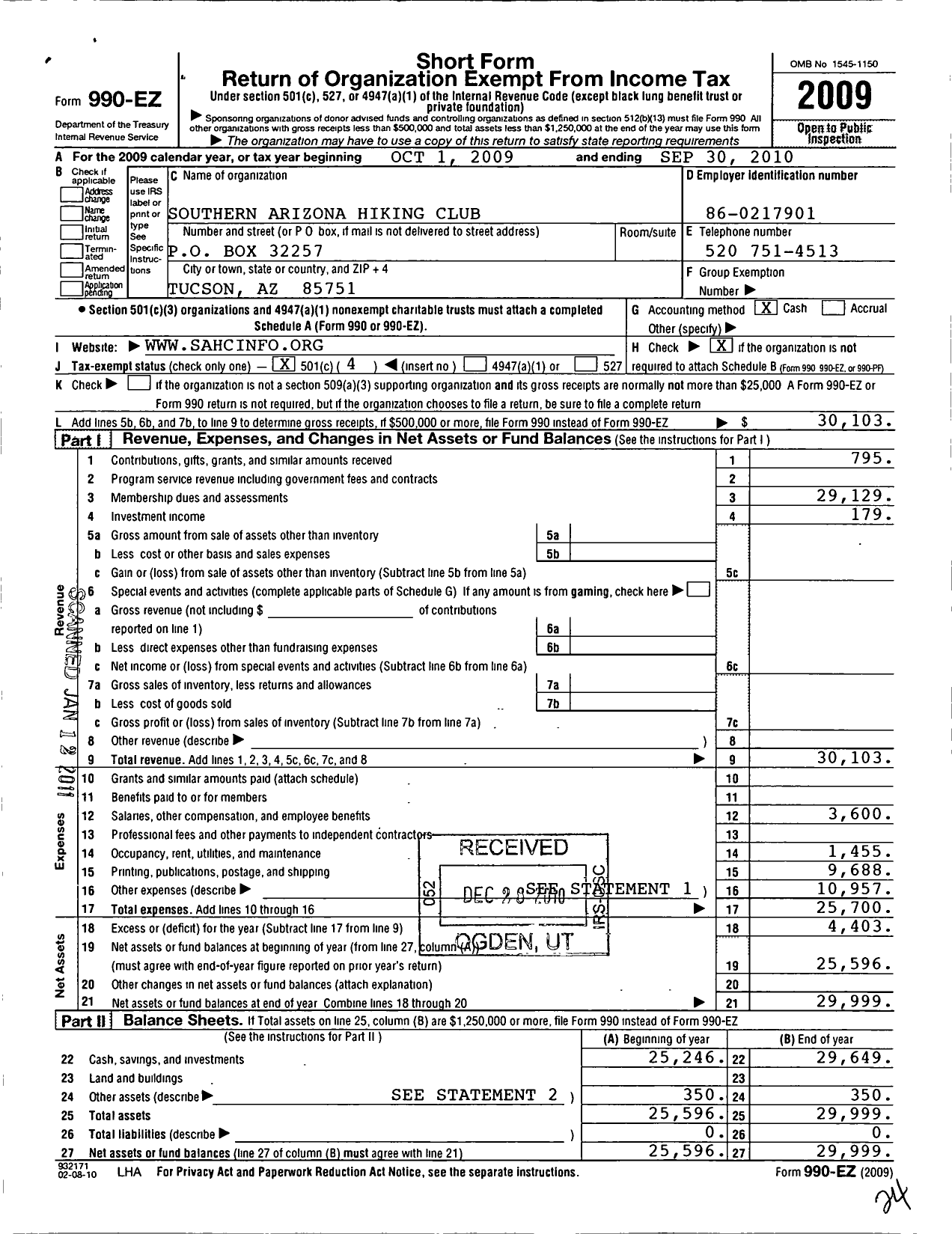 Image of first page of 2009 Form 990EO for Southern Arizona Hiking Club