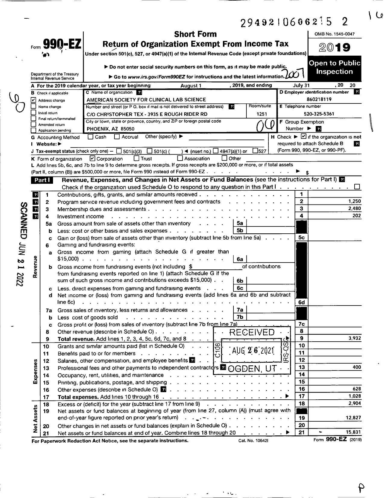 Image of first page of 2019 Form 990EO for American Society for Clinical Laboratory Science / Ascls Arizona