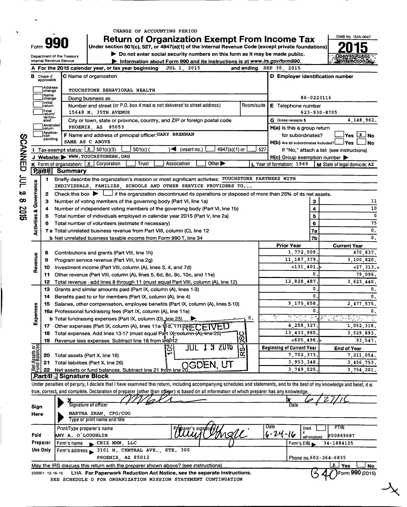 Image of first page of 2014 Form 990 for Touchstone Health Services