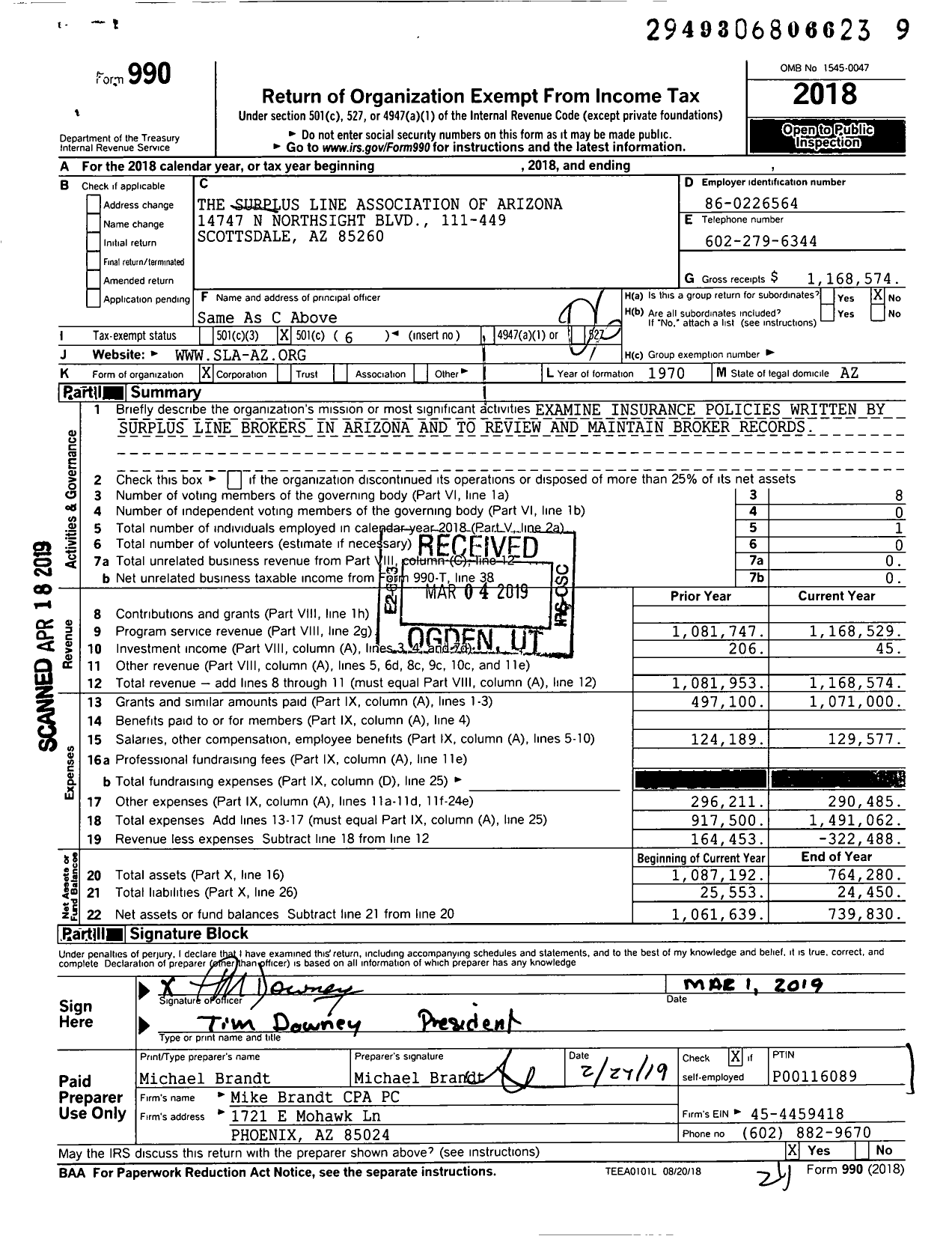 Image of first page of 2018 Form 990O for The Surplus Line Association of Arizona