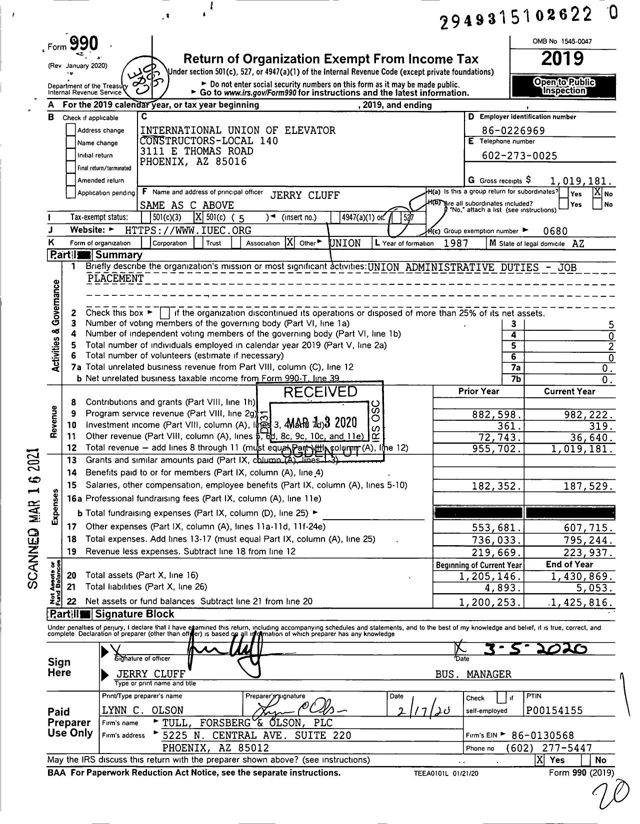 Image of first page of 2019 Form 990O for International Union of Elevator Constructors - 140 Eci