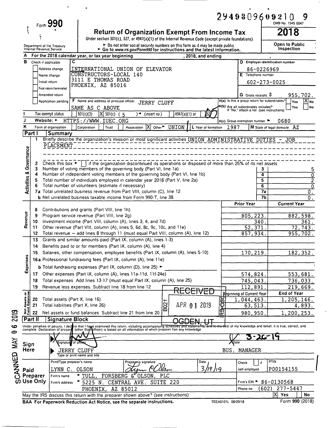 Image of first page of 2018 Form 990O for International Union of Elevator Constructors - 140 Eci