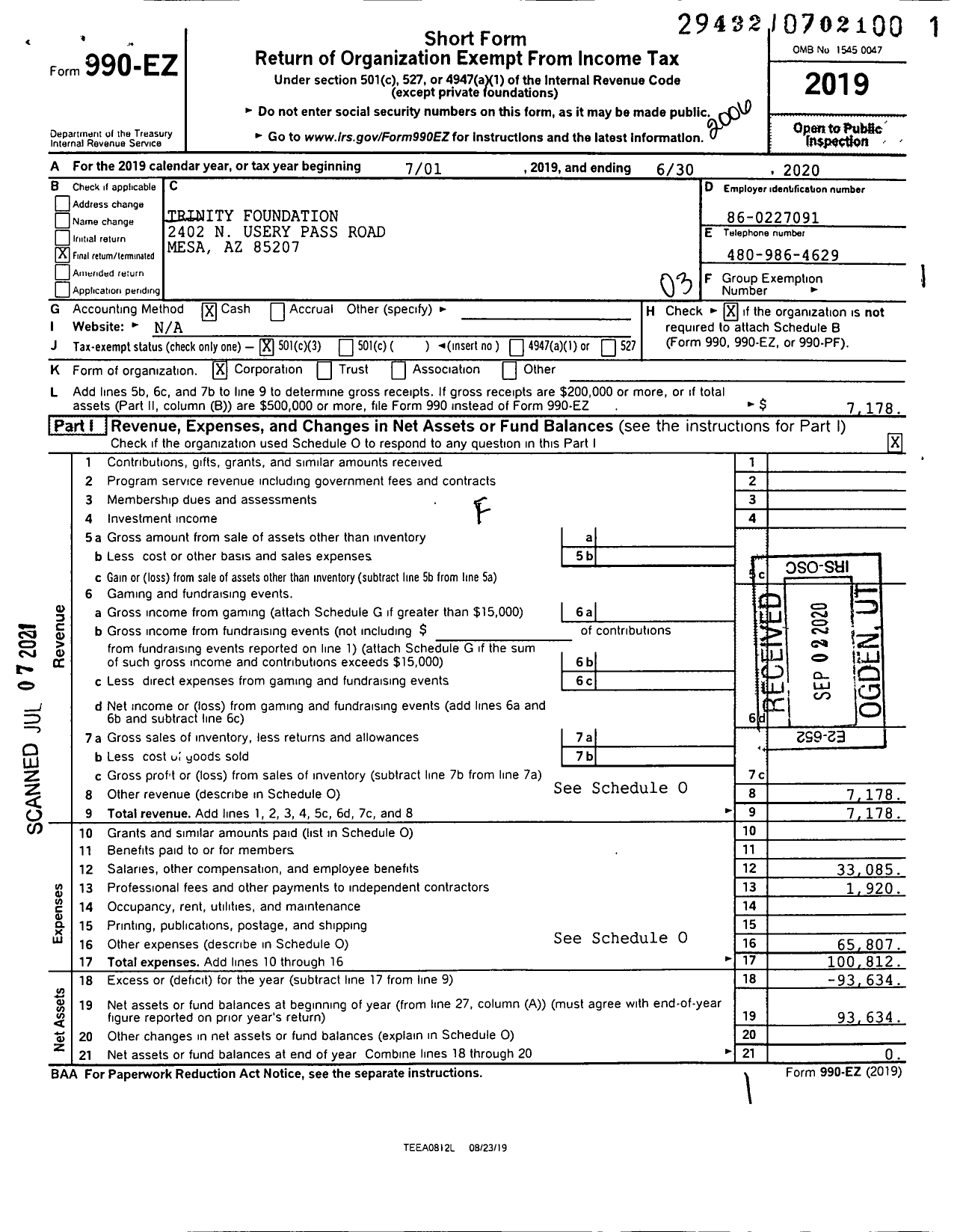 Image of first page of 2019 Form 990EZ for Trinity Foundation