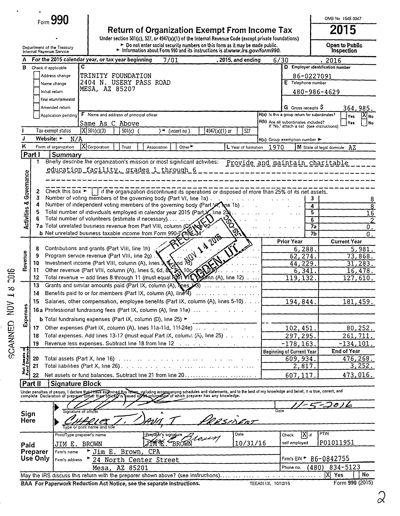 Image of first page of 2015 Form 990 for Trinity Foundation