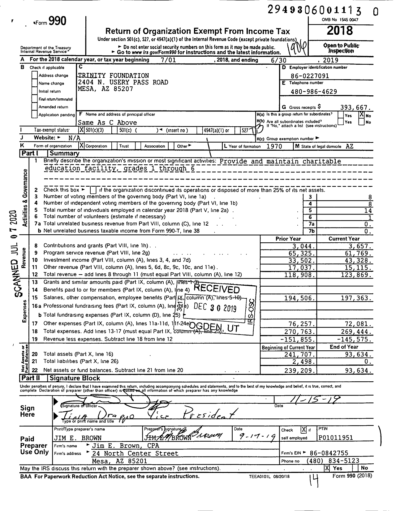 Image of first page of 2018 Form 990 for Trinity Foundation