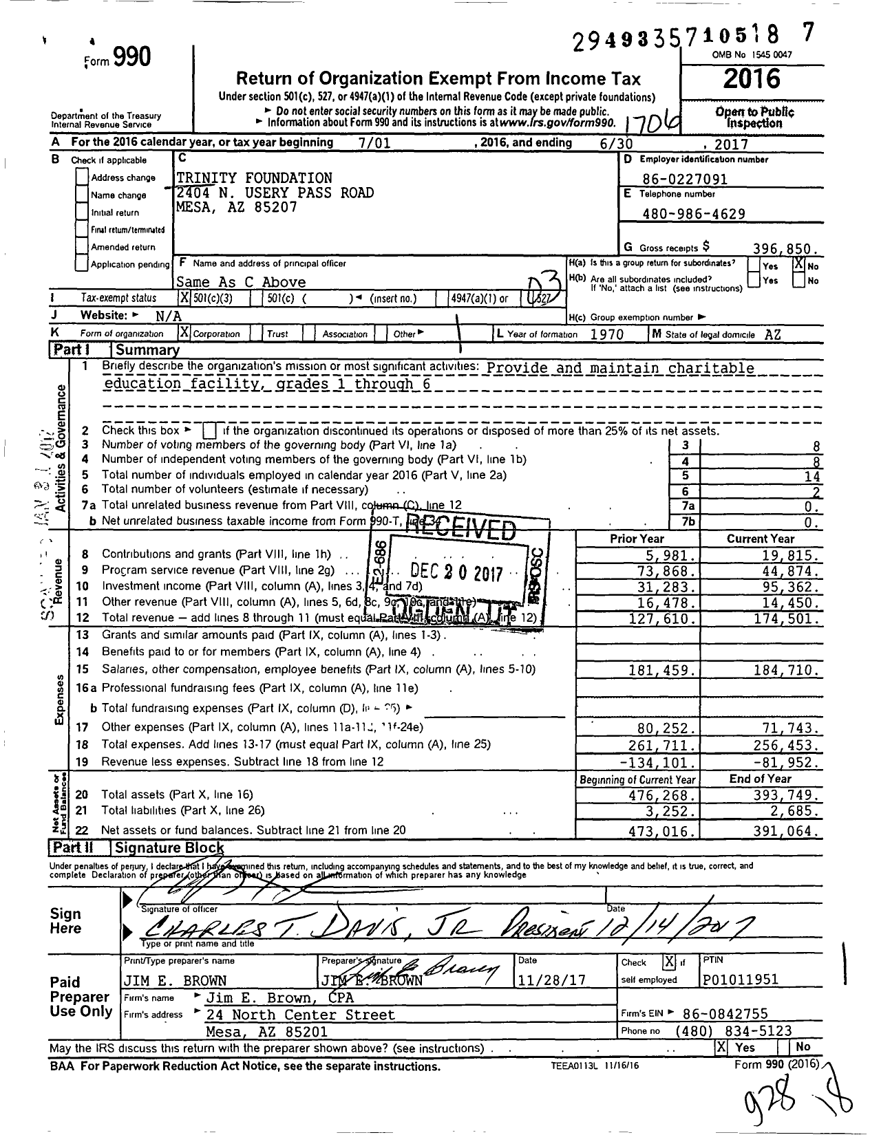 Image of first page of 2016 Form 990 for Trinity Foundation