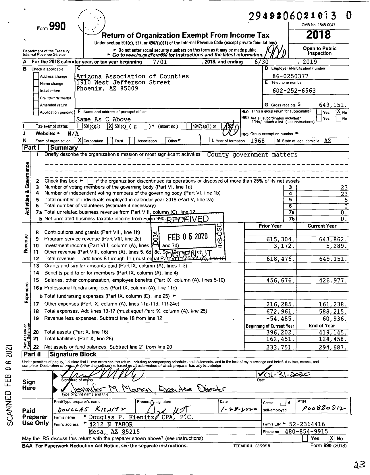 Image of first page of 2018 Form 990O for Arizona Association of Counties