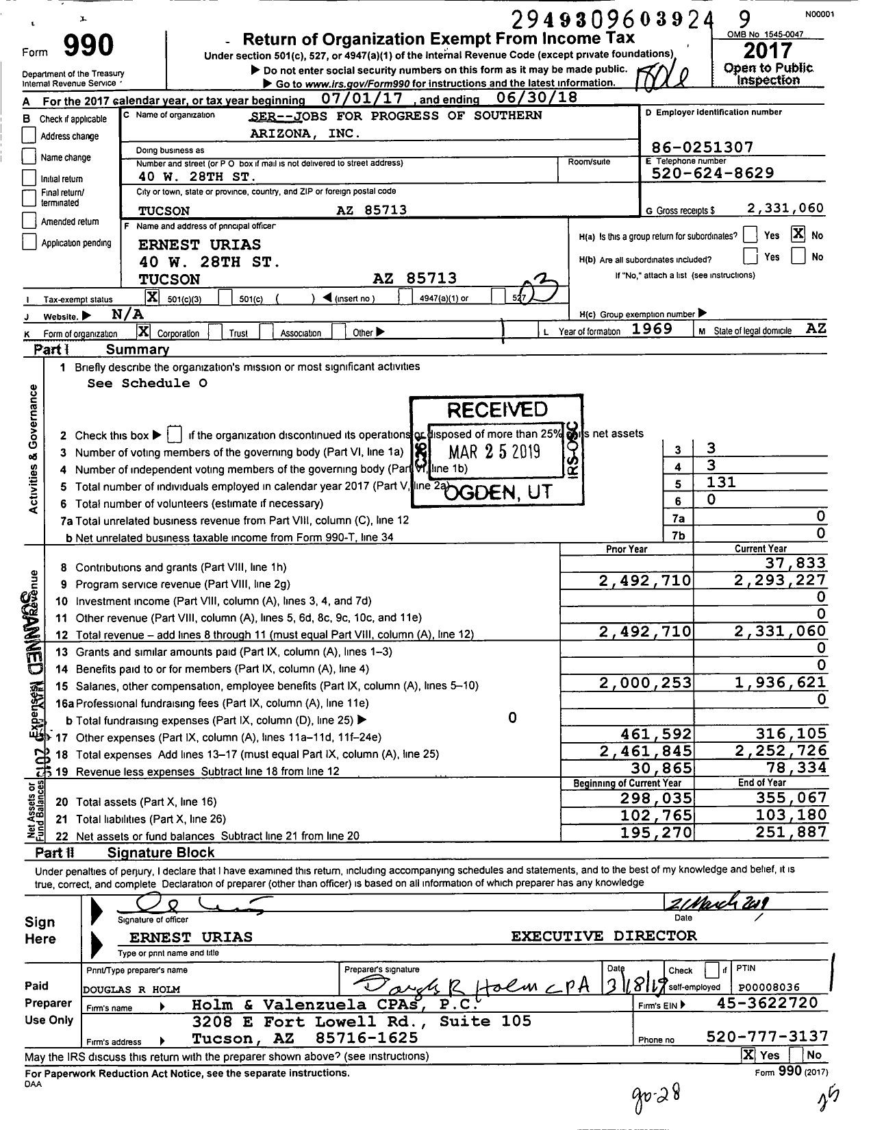 Image of first page of 2017 Form 990 for Ser--Jobs for Progress of Southern Arizona