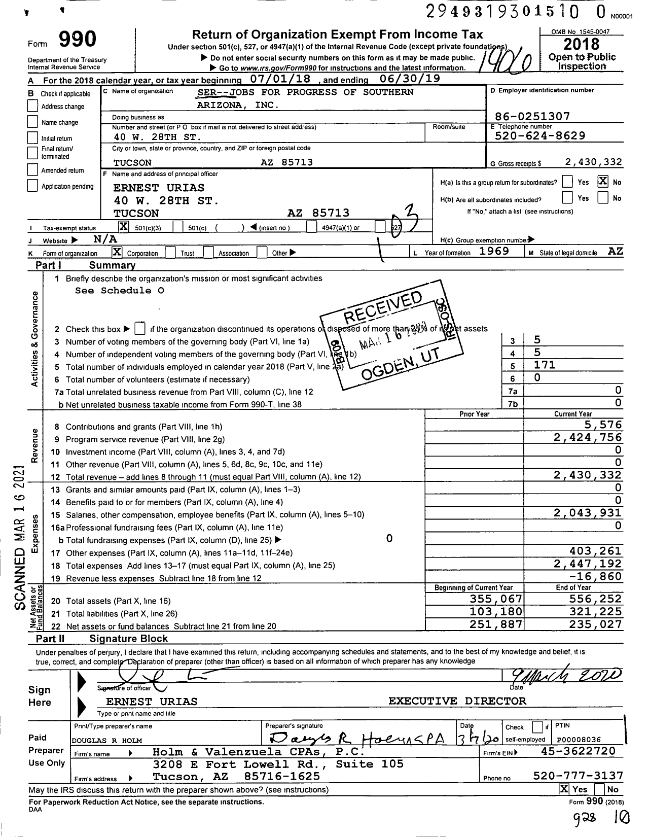 Image of first page of 2018 Form 990 for Ser--Jobs for Progress of Southern Arizona