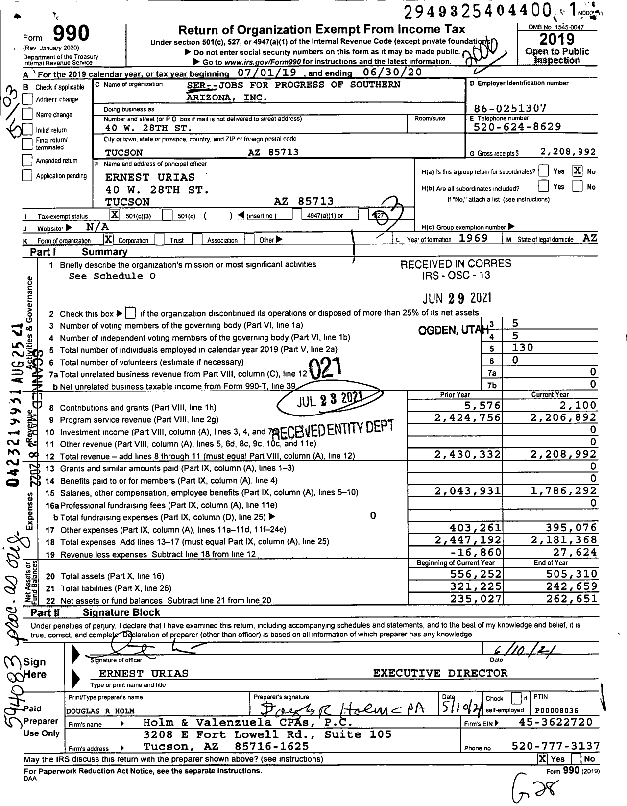 Image of first page of 2019 Form 990 for Ser--Jobs for Progress of Southern Arizona