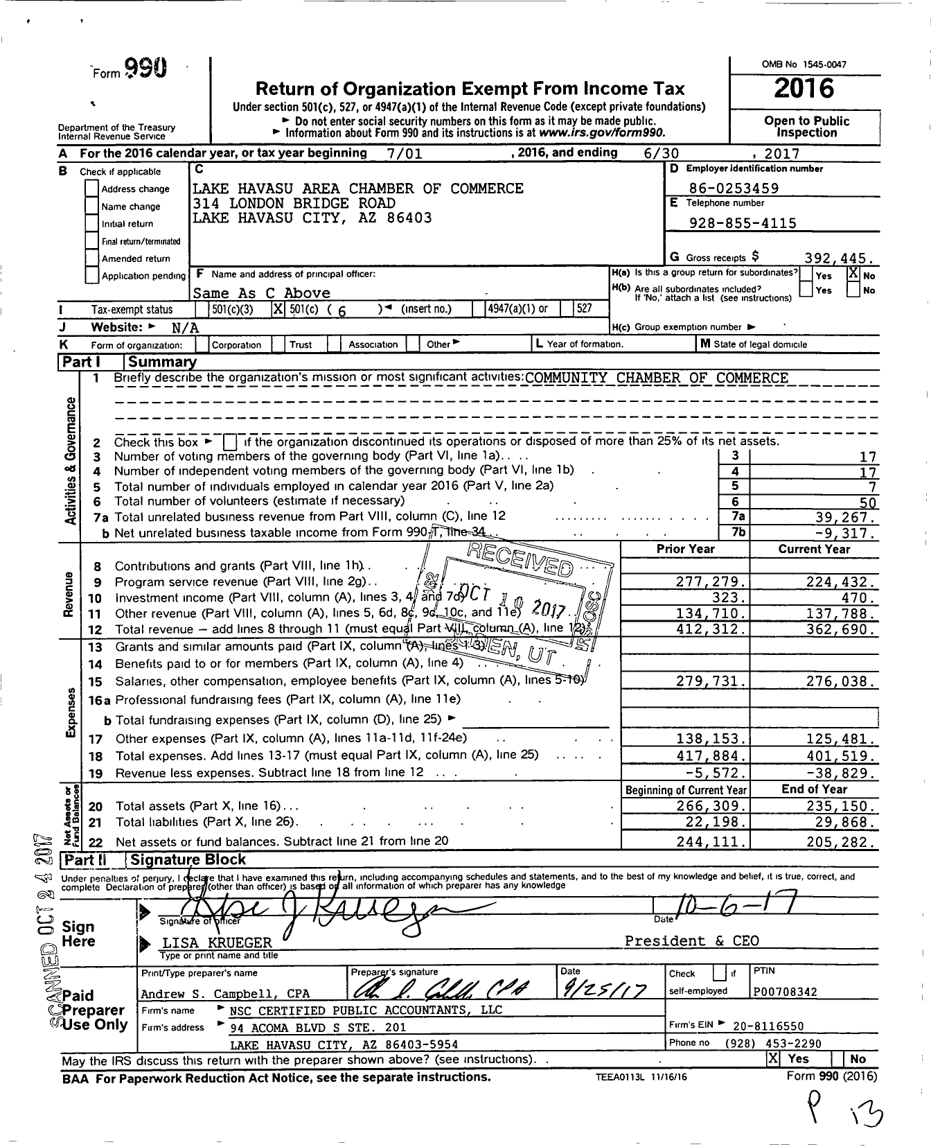 Image of first page of 2016 Form 990O for Lake Havasu Area Chamber of Commerce