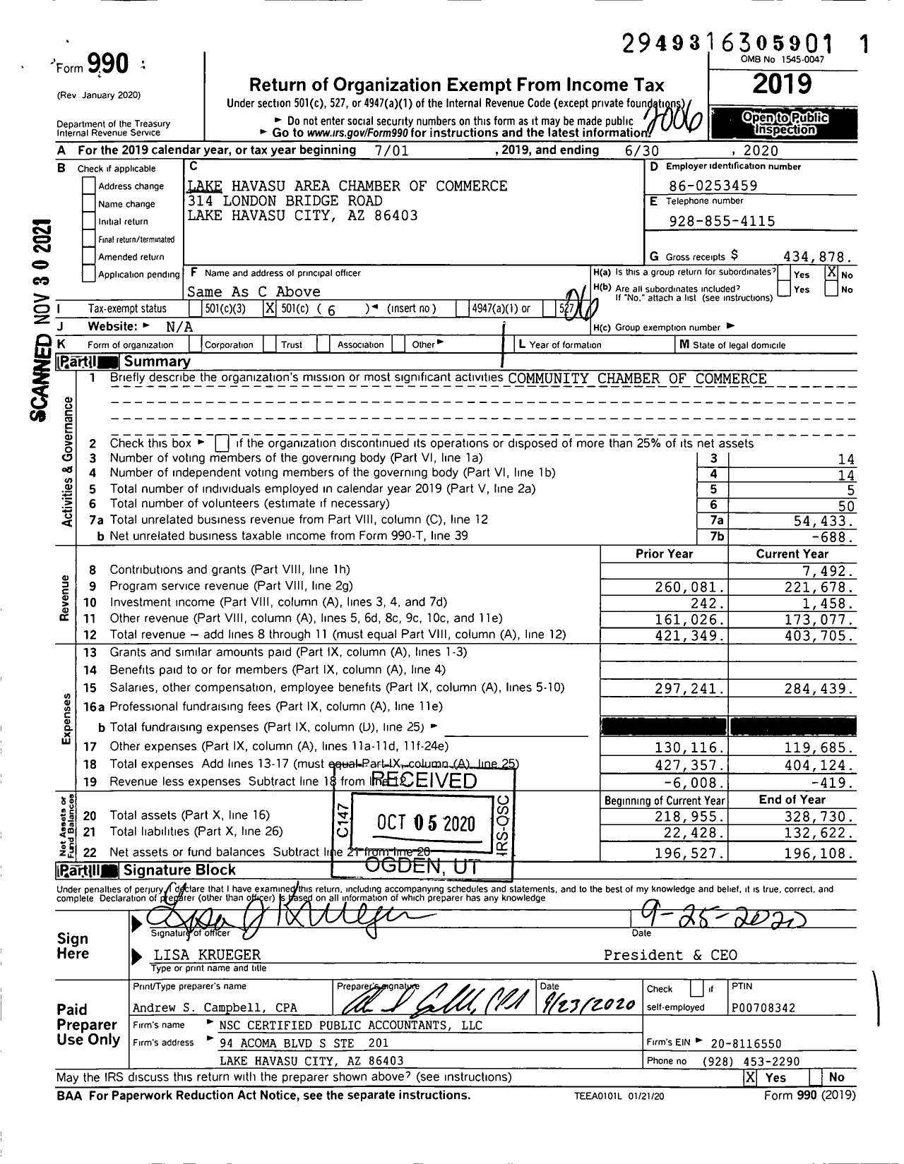 Image of first page of 2019 Form 990O for Lake Havasu Area Chamber of Commerce