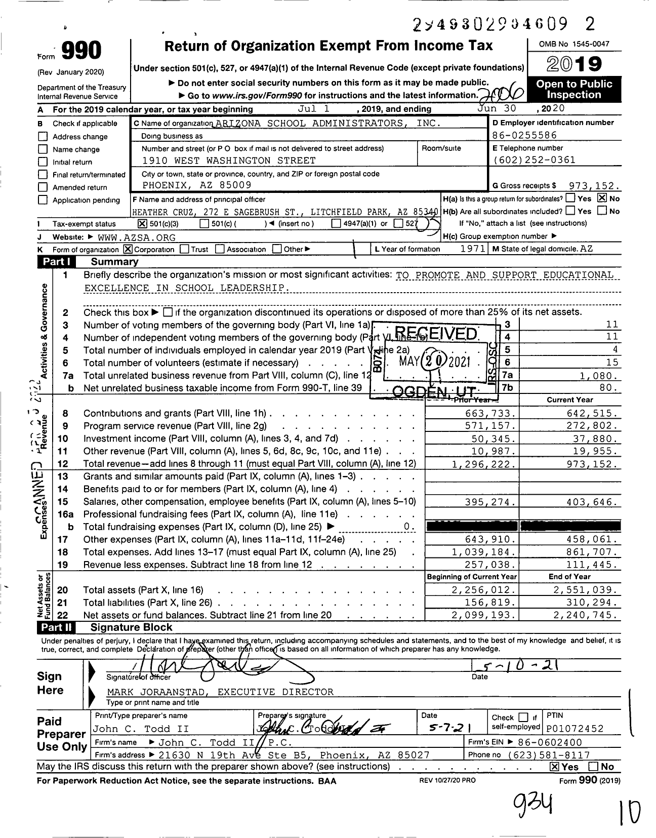 Image of first page of 2019 Form 990 for Arizona School Administrators