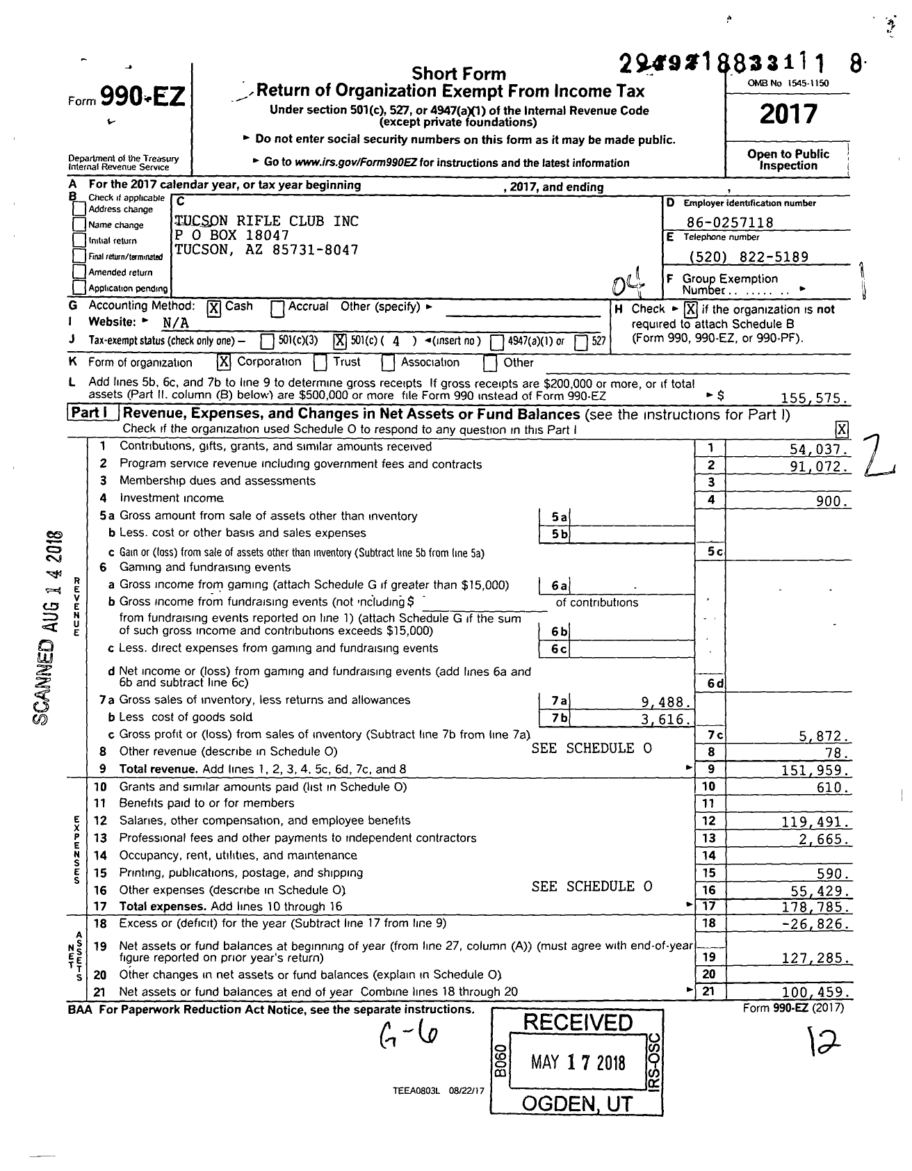 Image of first page of 2017 Form 990EO for Tucson Rifle Club