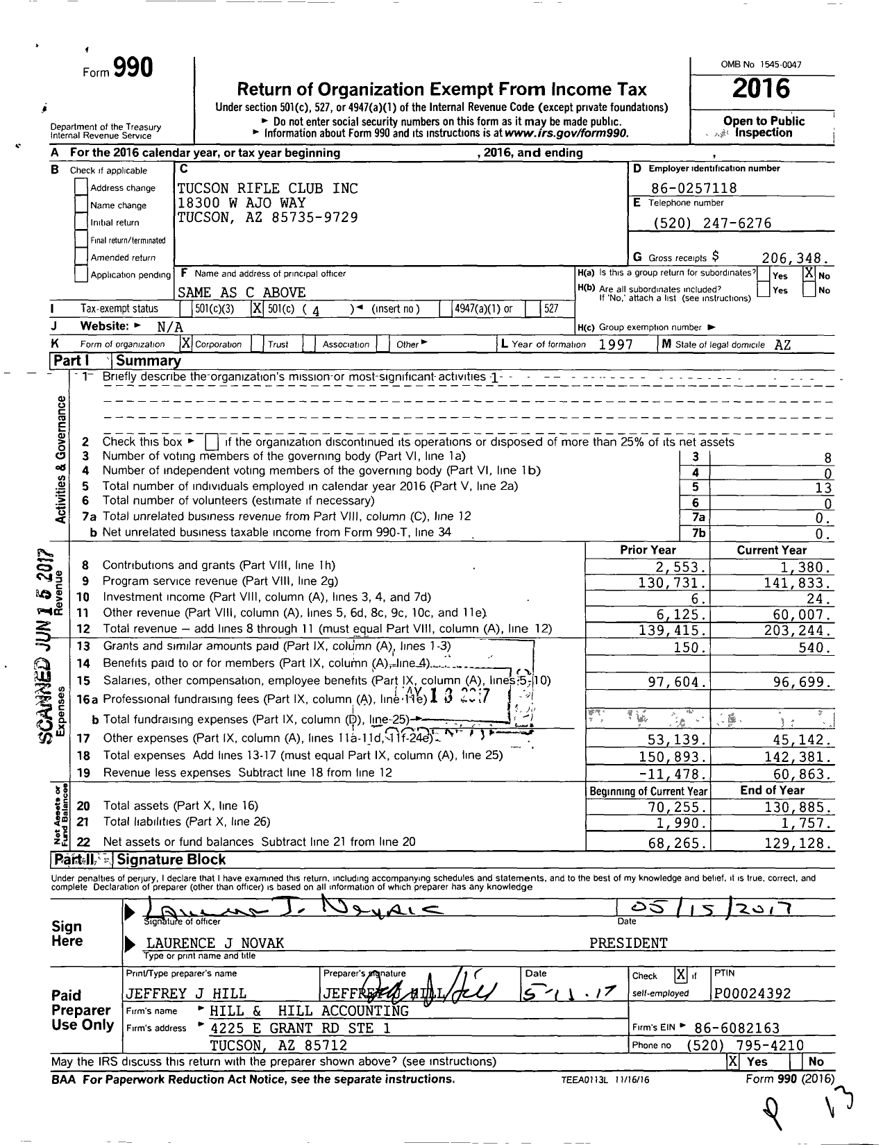 Image of first page of 2016 Form 990EO for Tucson Rifle Club