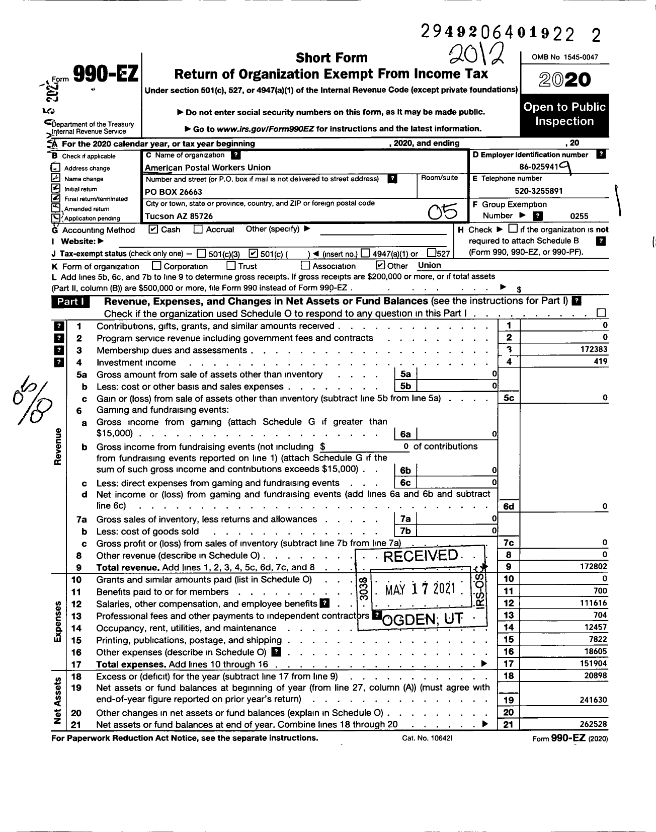 Image of first page of 2020 Form 990EO for American Postal Workers Union - 255 Tucson Area Local