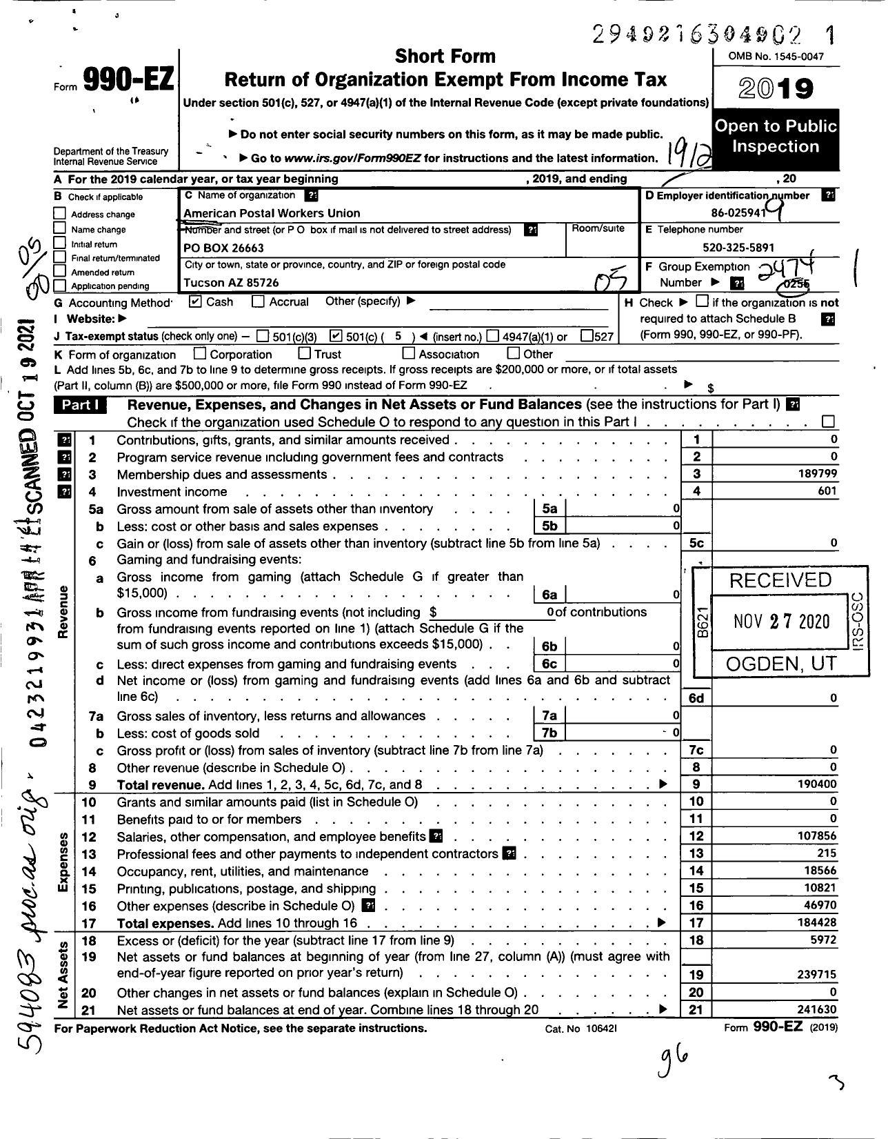 Image of first page of 2019 Form 990EO for American Postal Workers Union - 255 Tucson Area Local