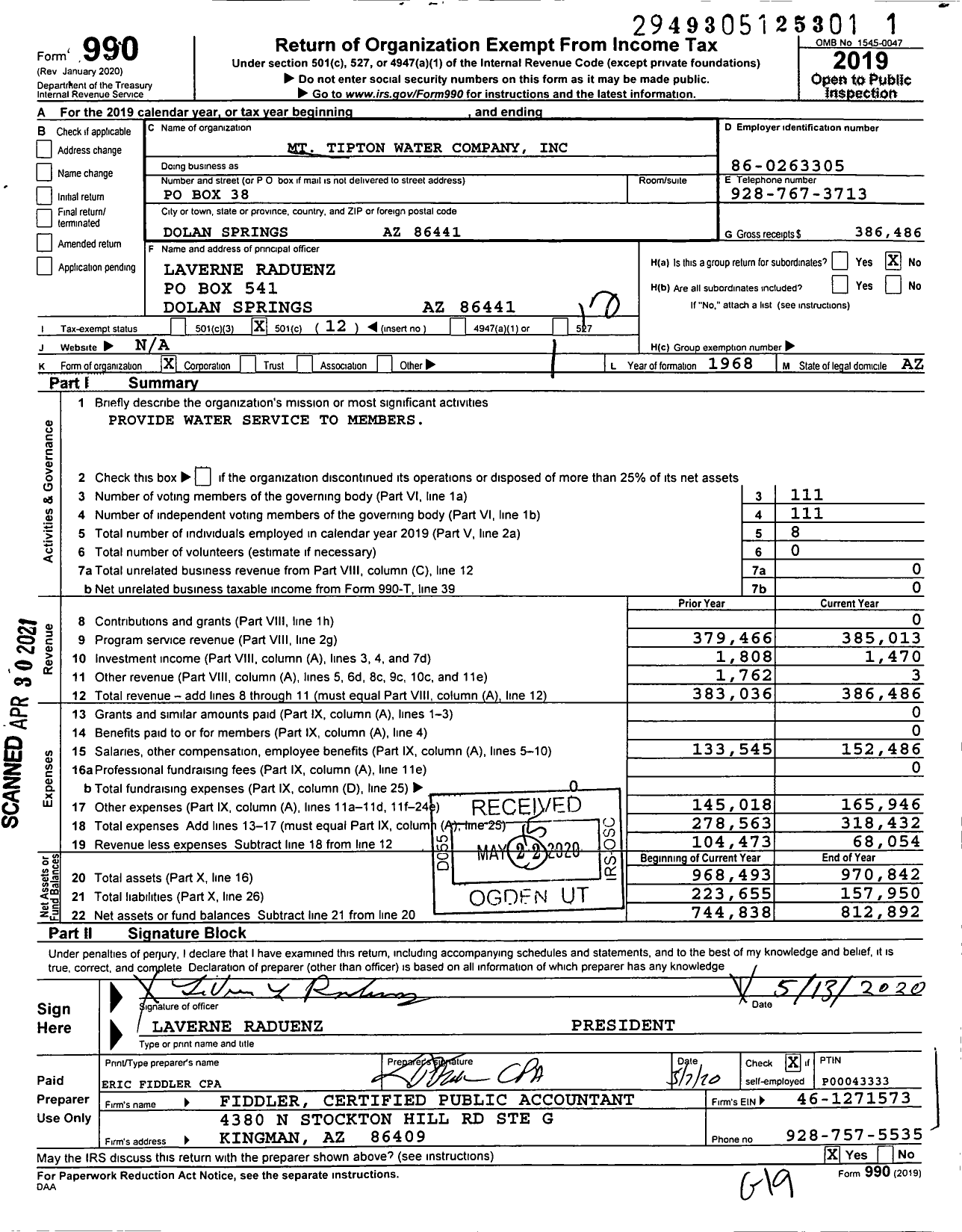 Image of first page of 2019 Form 990O for MT Tipton Water Company