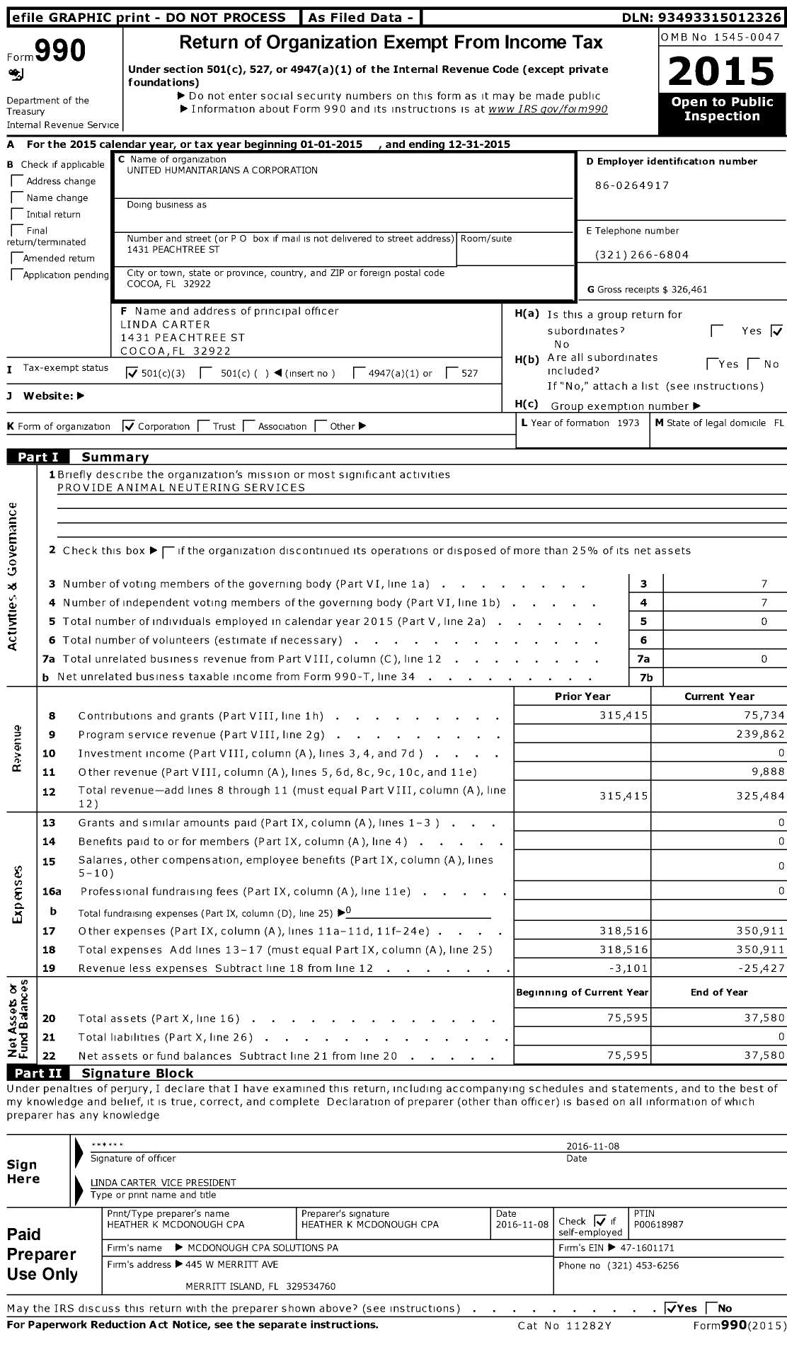 Image of first page of 2015 Form 990 for United Humanitarians A Corporation