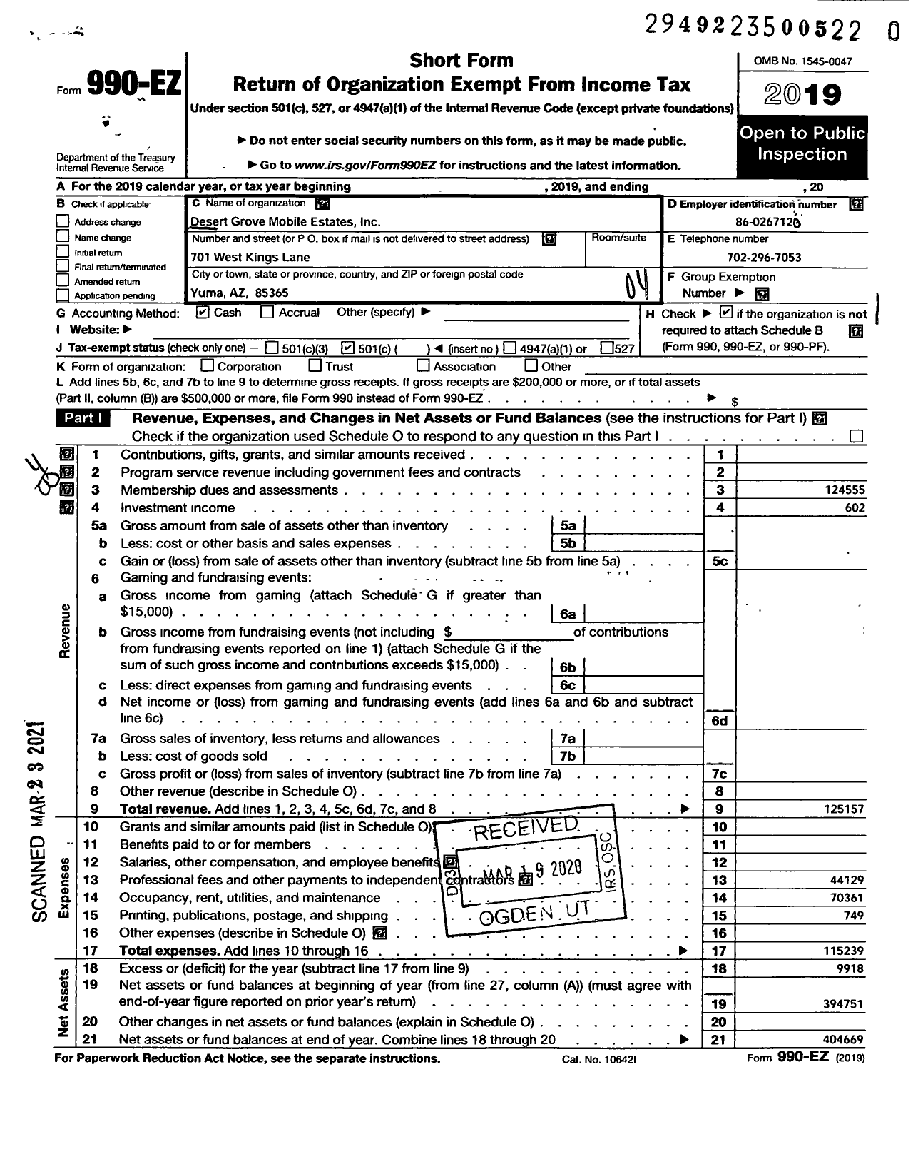 Image of first page of 2019 Form 990EO for Desert Grove Mobile Estates Association