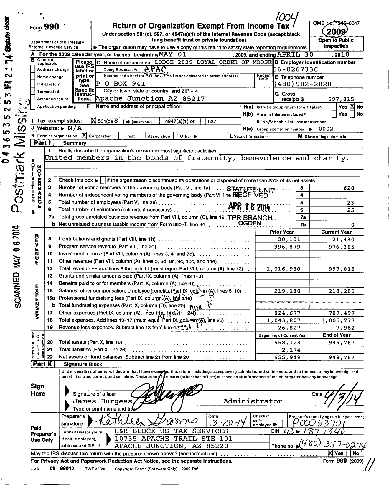 Image of first page of 2009 Form 990O for Apache Junction Lodge 2039