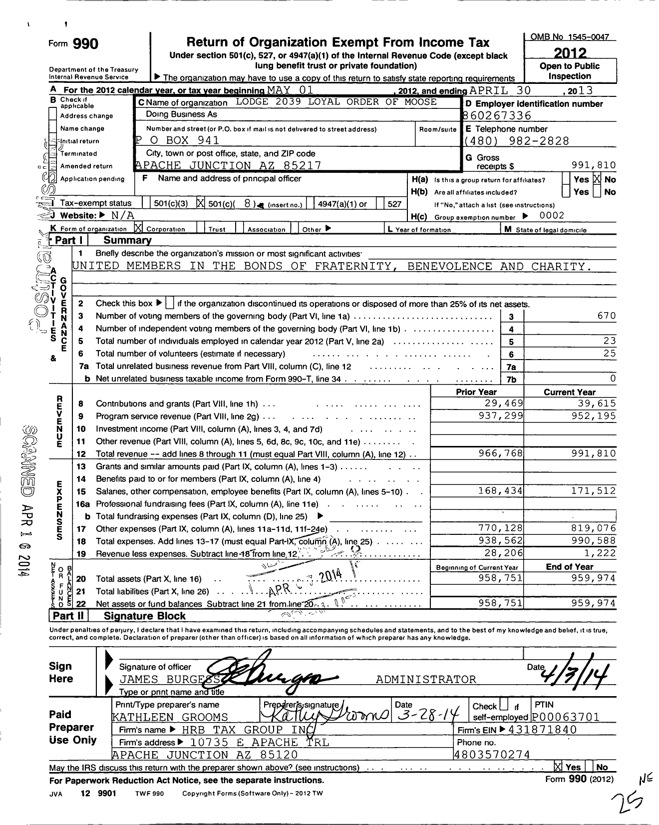 Image of first page of 2012 Form 990O for Apache Junction Lodge 2039