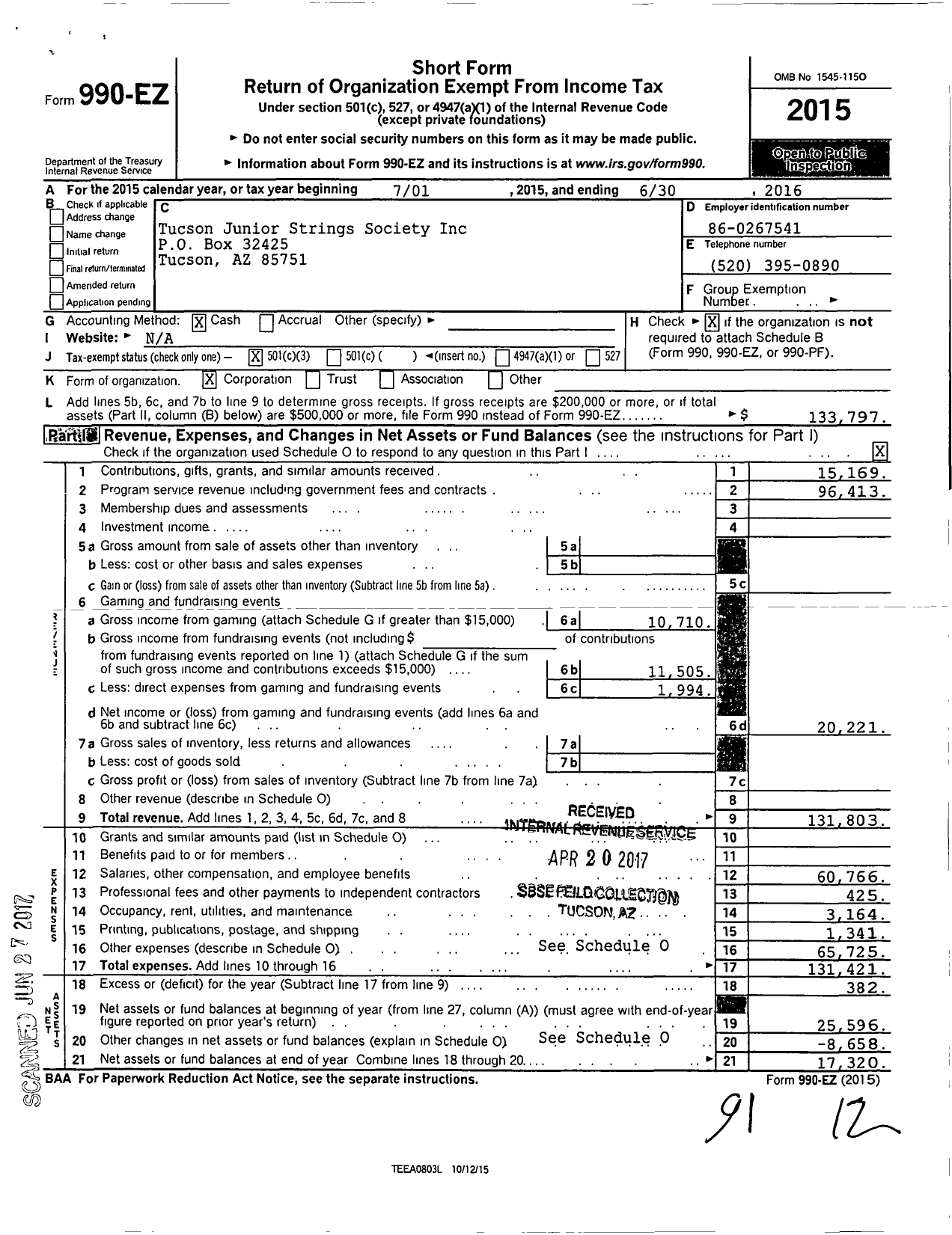 Image of first page of 2015 Form 990EZ for Tucson Junior Strings Society