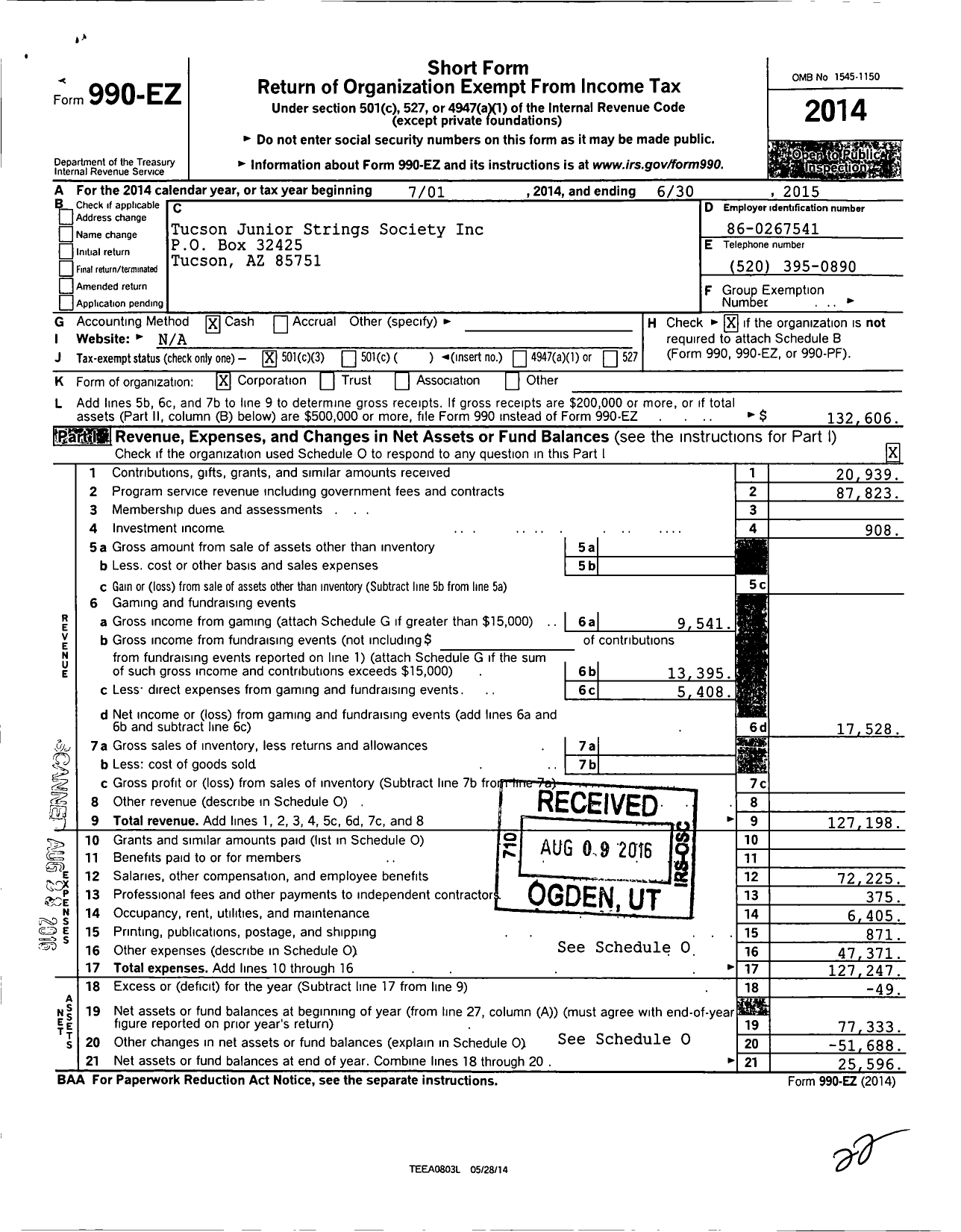 Image of first page of 2014 Form 990EZ for Tucson Junior Strings Society