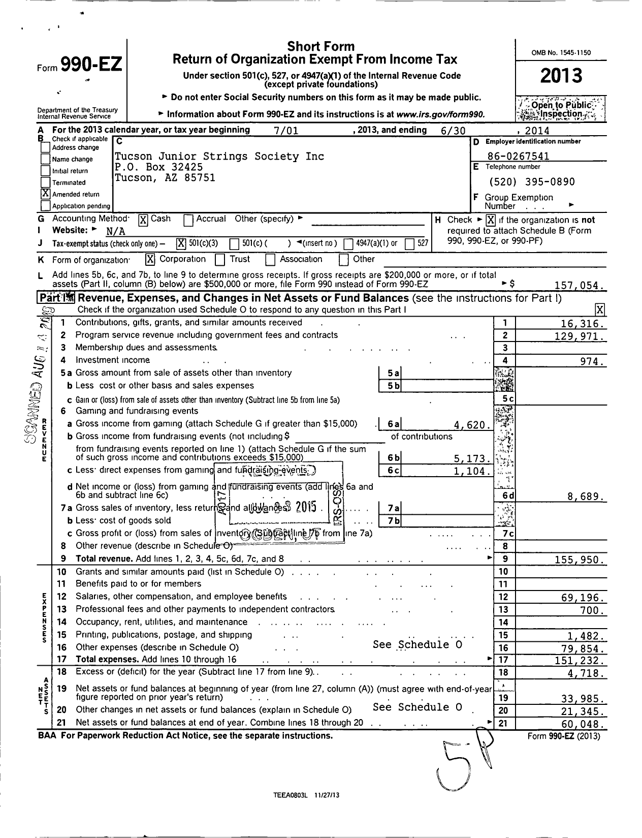 Image of first page of 2013 Form 990EZ for Tucson Junior Strings Society