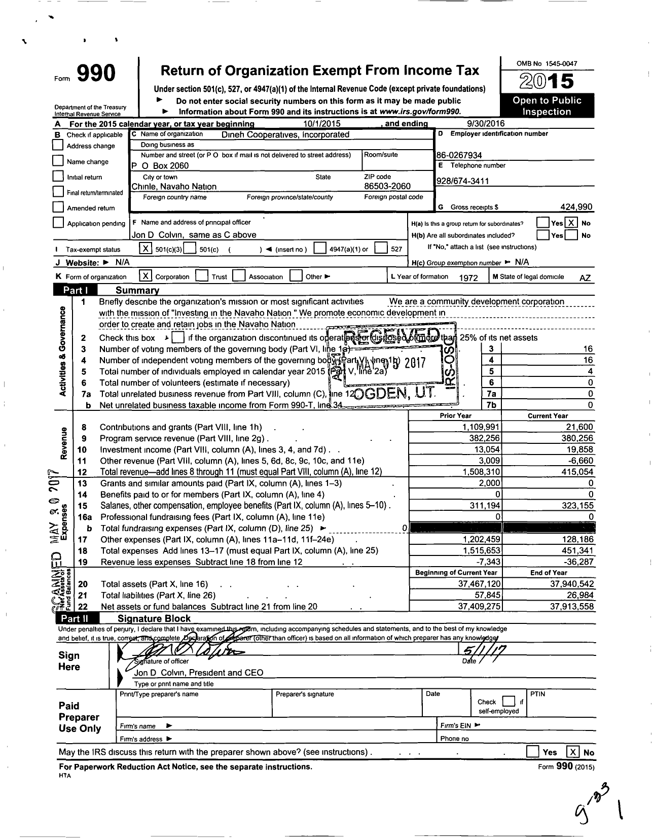 Image of first page of 2015 Form 990 for Dineh Cooperatives Incorporated