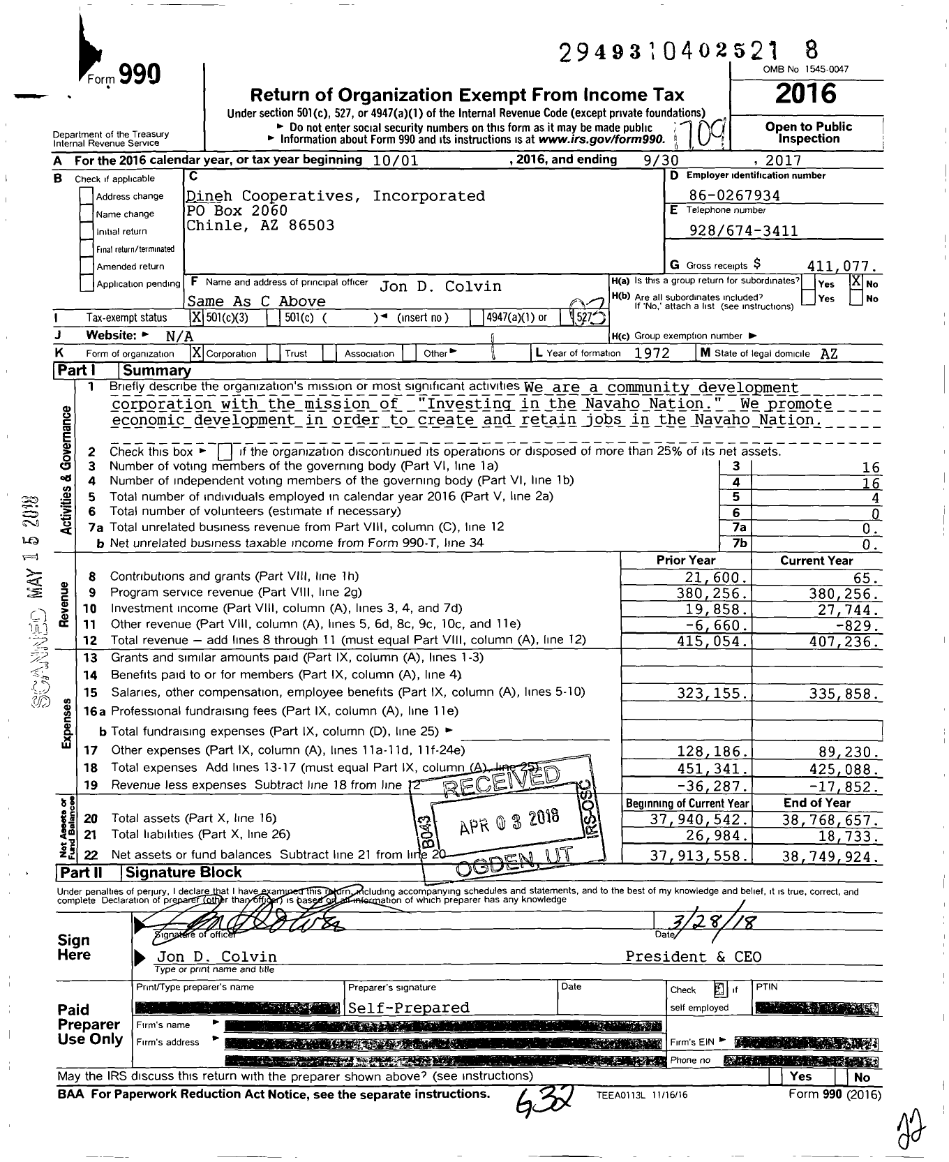 Image of first page of 2016 Form 990 for Dineh Cooperatives Incorporated