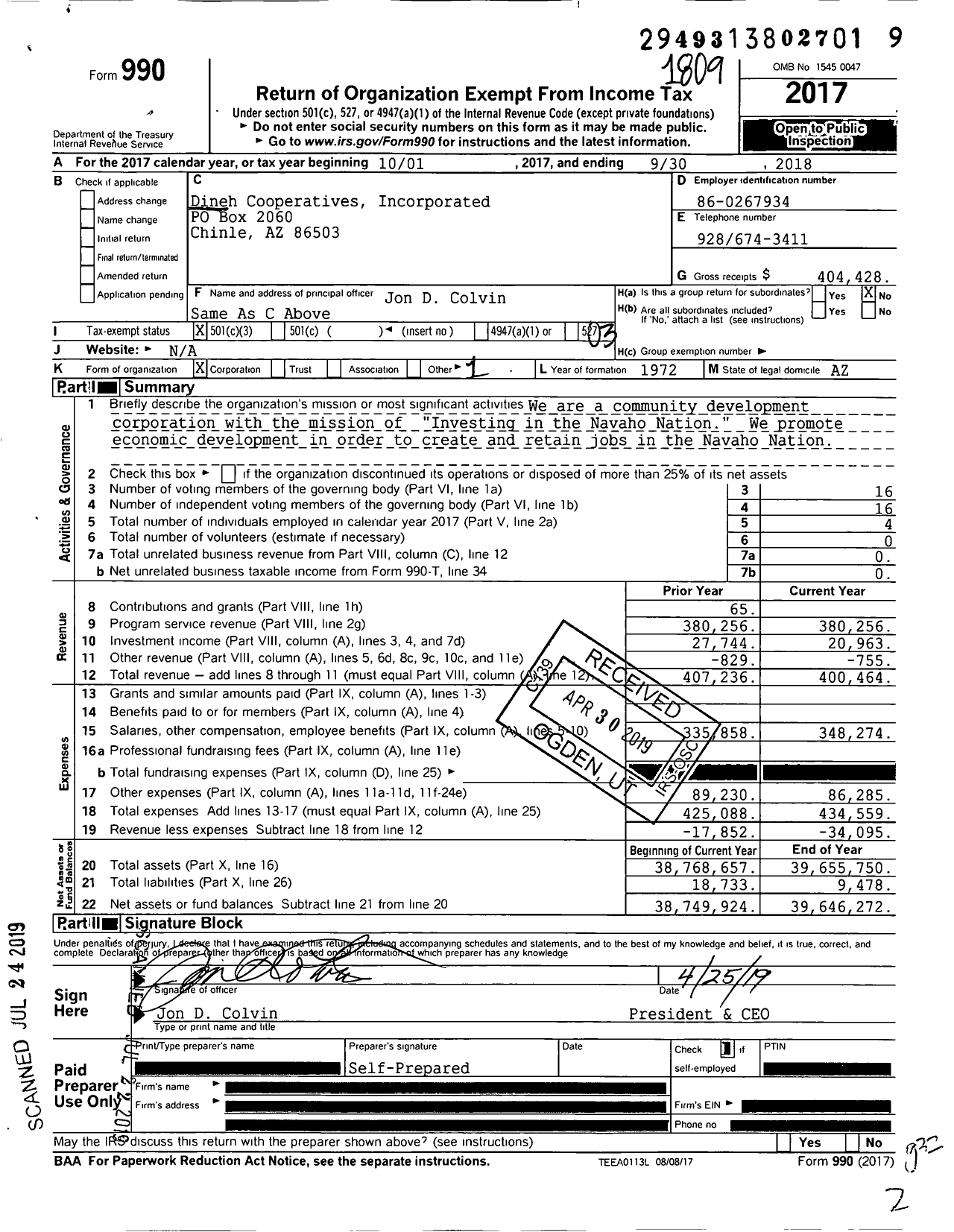 Image of first page of 2017 Form 990 for Dineh Cooperatives Incorporated