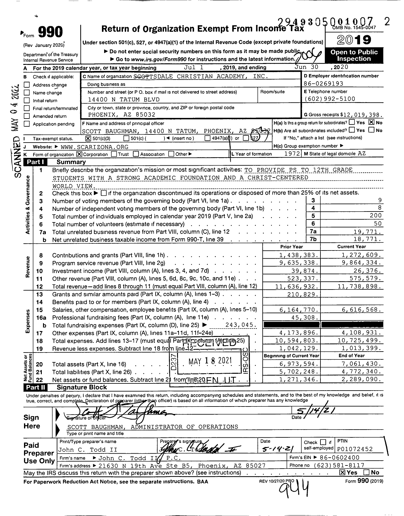 Image of first page of 2019 Form 990 for Scottsdale Christian Academy (SCA)