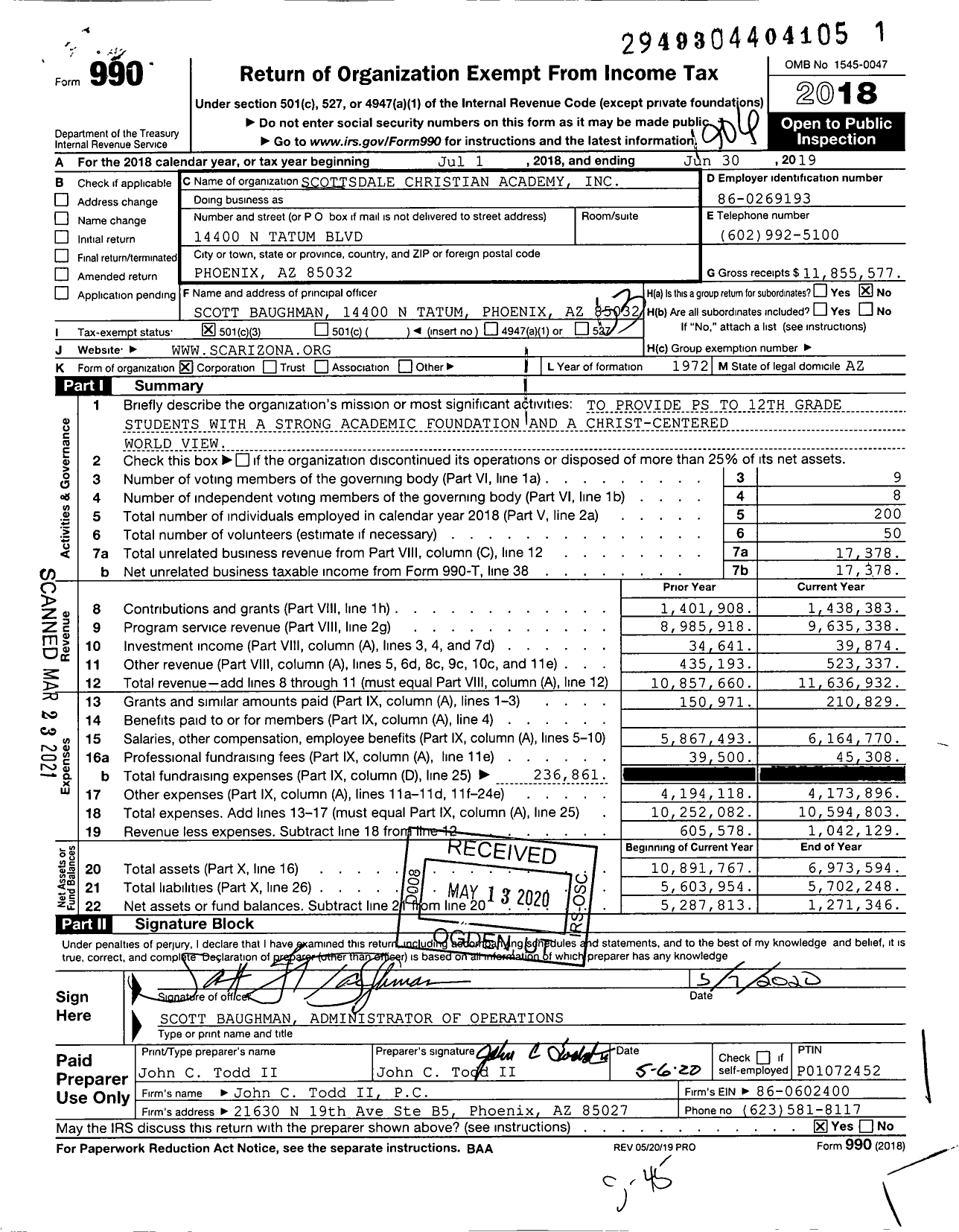 Image of first page of 2018 Form 990 for Scottsdale Christian Academy (SCA)