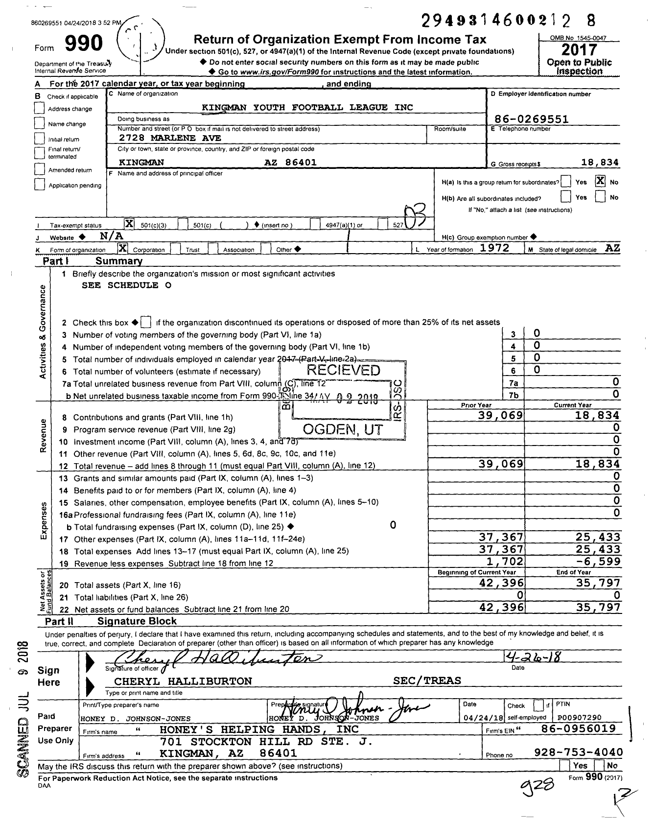 Image of first page of 2017 Form 990 for Kingman Youth Football League Incorporated