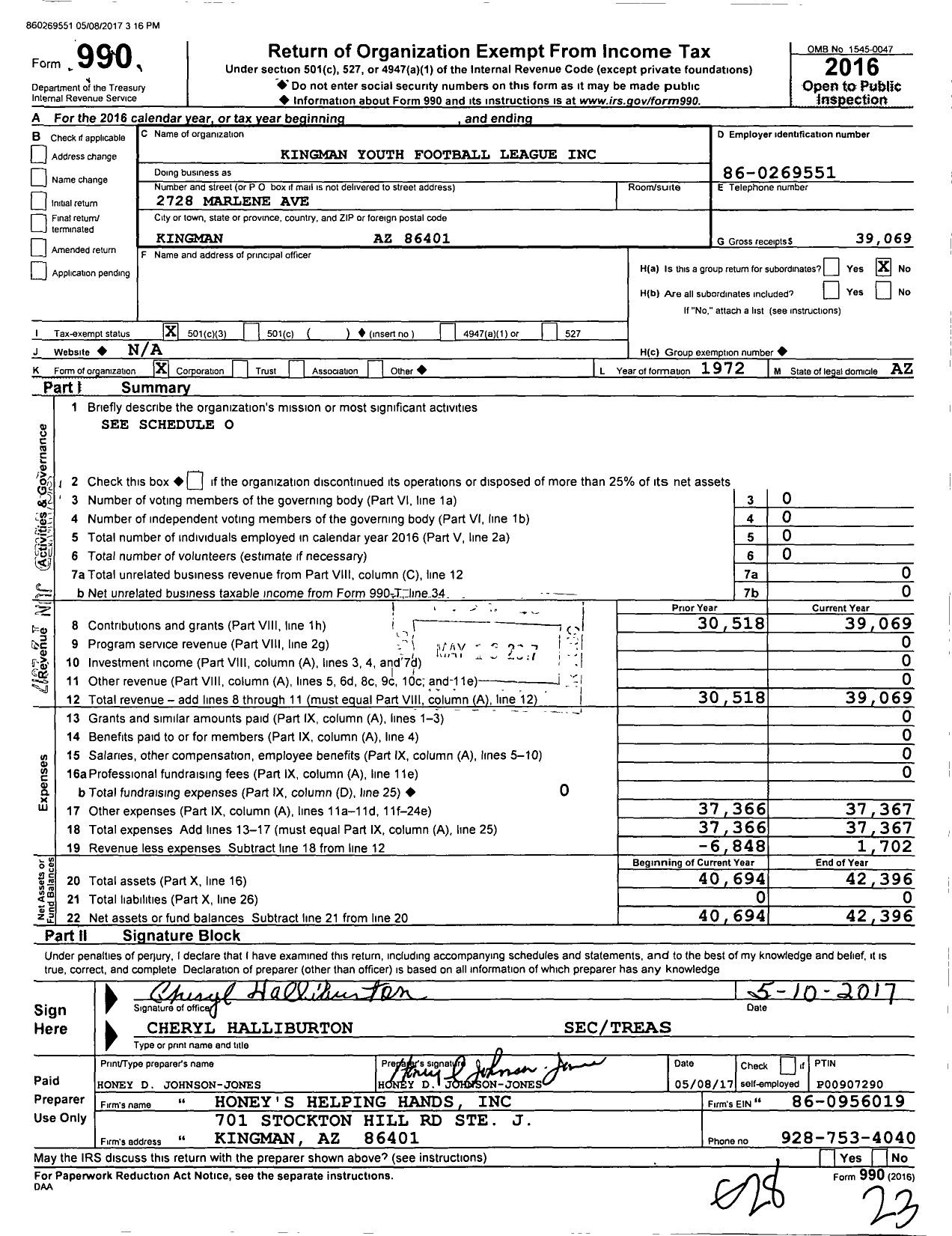 Image of first page of 2016 Form 990 for Kingman Youth Football League Incorporated