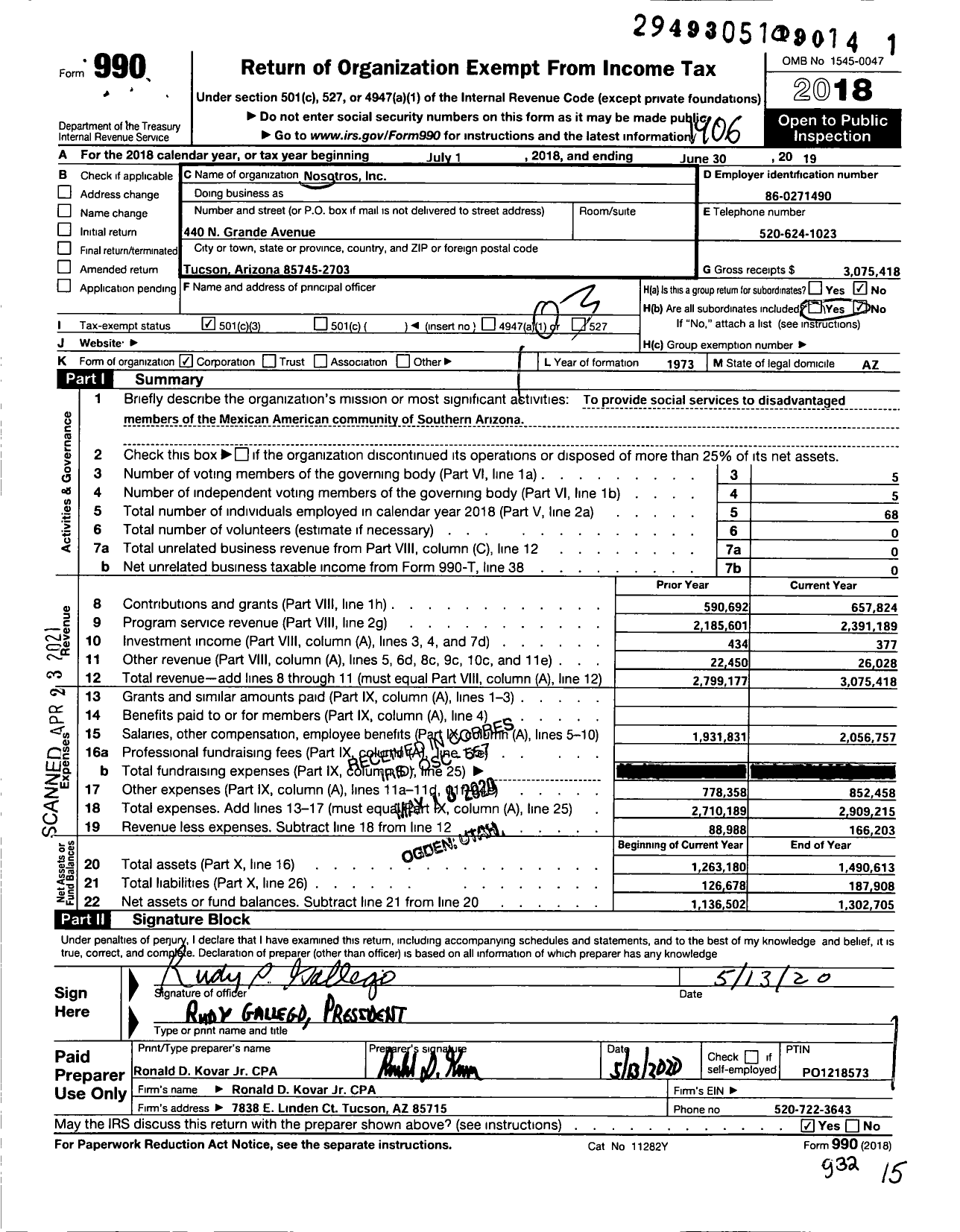 Image of first page of 2018 Form 990 for Nosotros