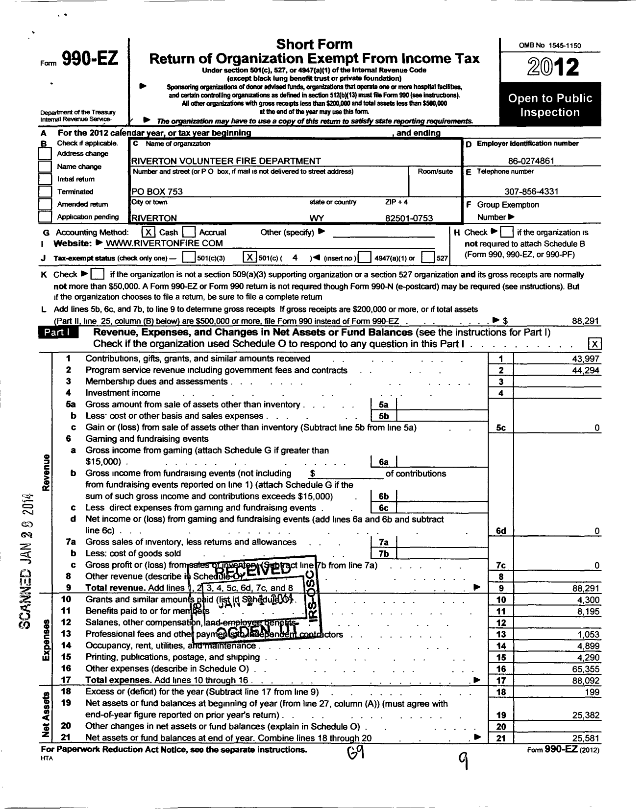 Image of first page of 2012 Form 990EO for Riverton Volunteer Fire Department