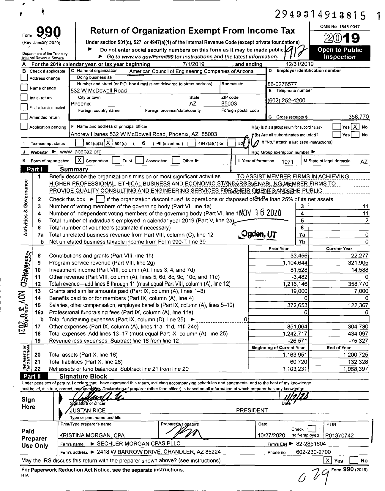 Image of first page of 2019 Form 990O for American Council of Engineering Companies of Arizona (ACEC AZ )