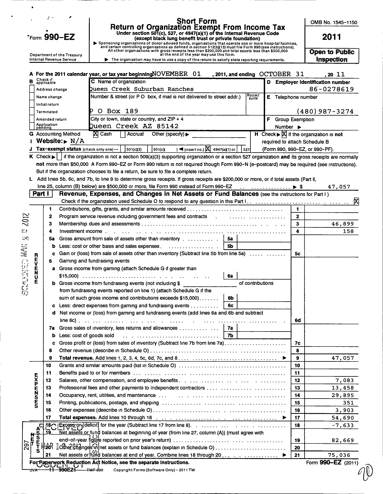 Image of first page of 2010 Form 990EO for Queen Creek Suburban Ranches