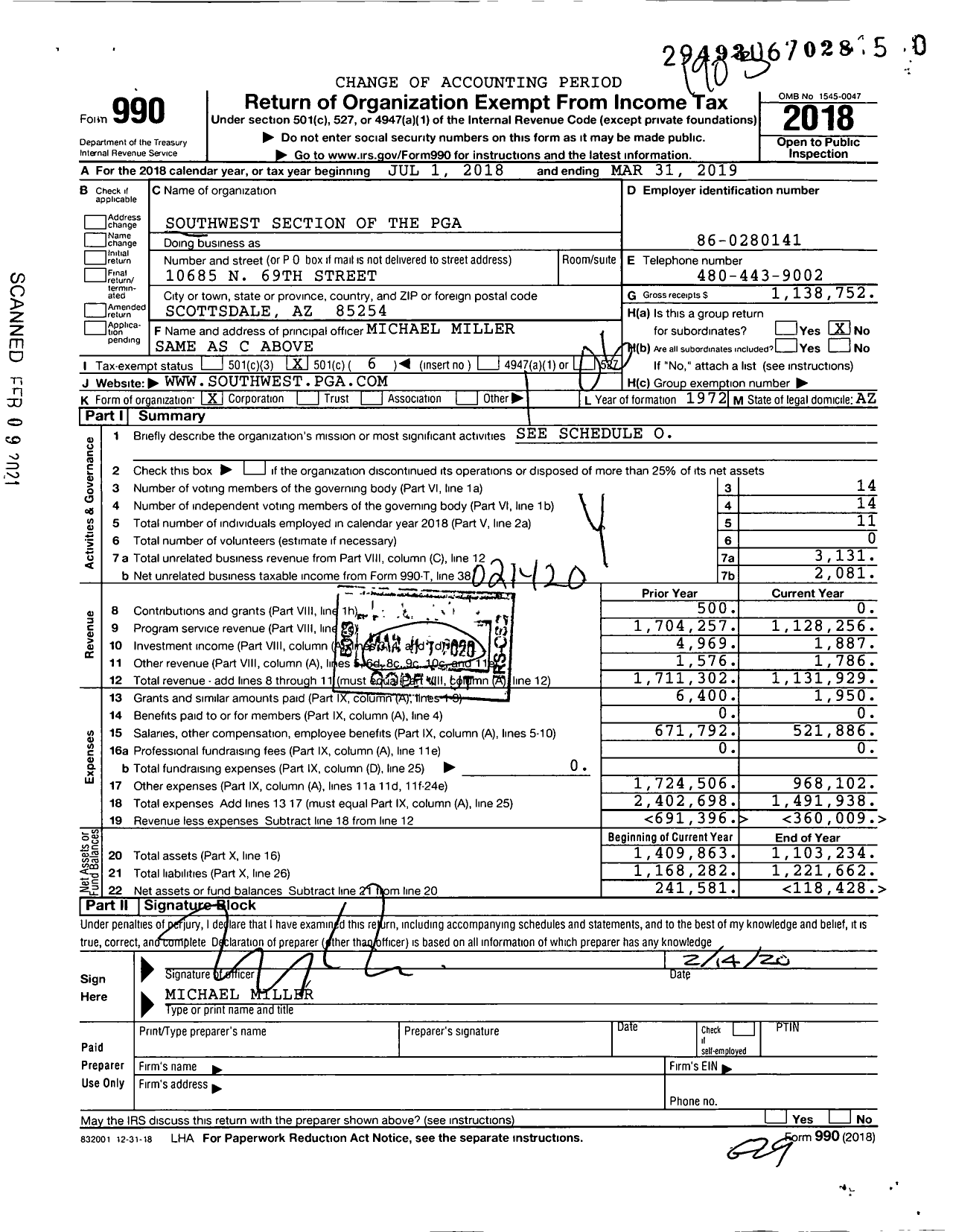 Image of first page of 2018 Form 990O for Southwest Professional Golf Association