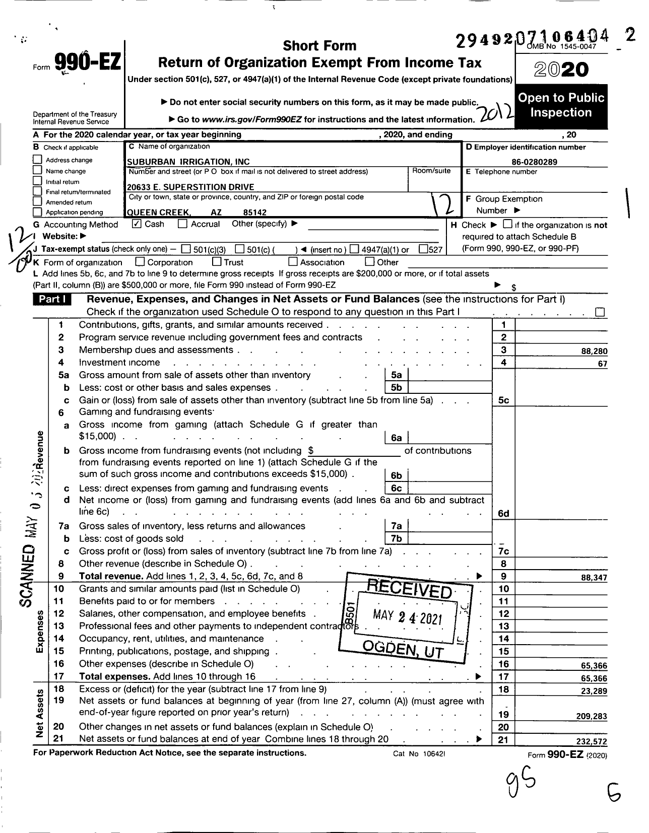 Image of first page of 2020 Form 990EO for Suburban Irrigation